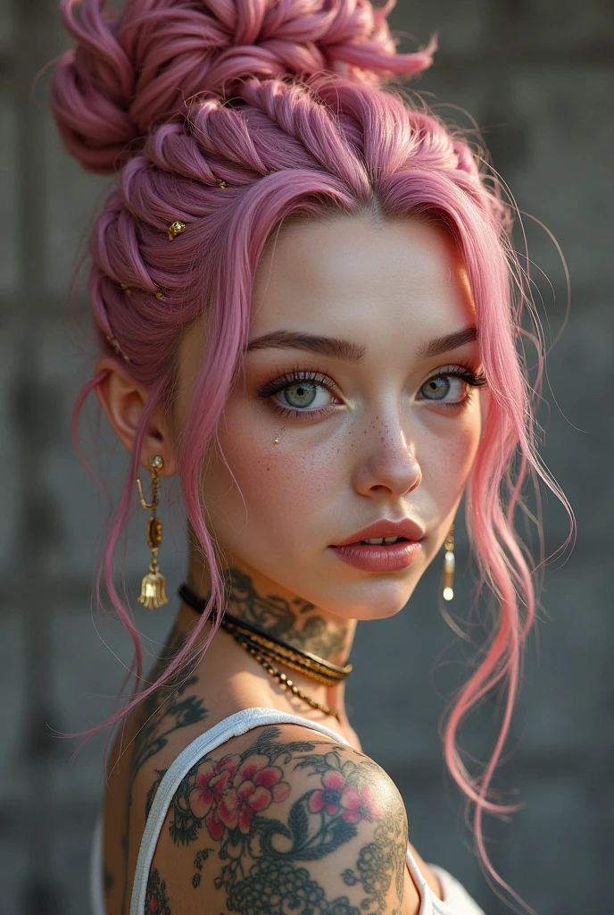 Brunette girl pastel pink dreadlocks blue eyes 2 with sci-fi arcane style tattoos