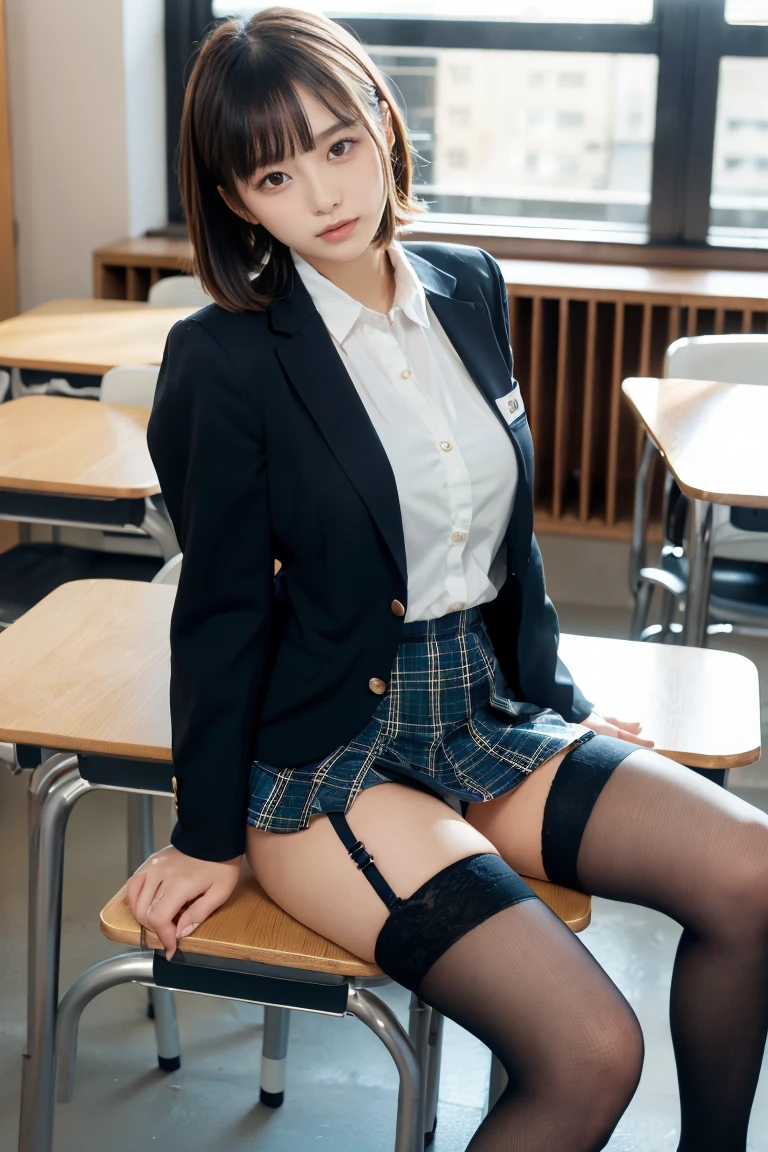 ulzzang-6500-v1.1, (Raw photo:1.2), (Photoreal), (genuine: 1.4), A woman in a skirt and jacket is sitting on the floor, hyper現実的なhigh school girl, a hyper現実的なhigh school girl, かわいいhigh school girl, 現実的なhigh school girl, wearing japanese school uniform, japanese school uniform, high school girlの格好をした, japanese girl uniform, wearing school uniformいる, wearing , (super realistic pantyhose:1.3), high school girl, of posing, girl in uniform, (skirt lift:1.3)