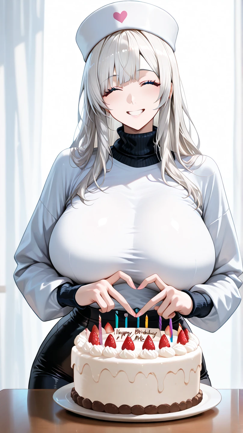 Post card, sexy waifu, long silver hair, green eyes, anime style. Busty, cute outfit, with the words "happy birthday"