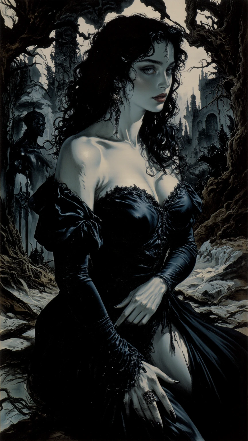 some sexy, dark, queen of hell, loneliness, magic,castle, tmari, sketch, traditional media, pen drawing, white background (art inspired by Bill Sienkiewicz). oil painting)
