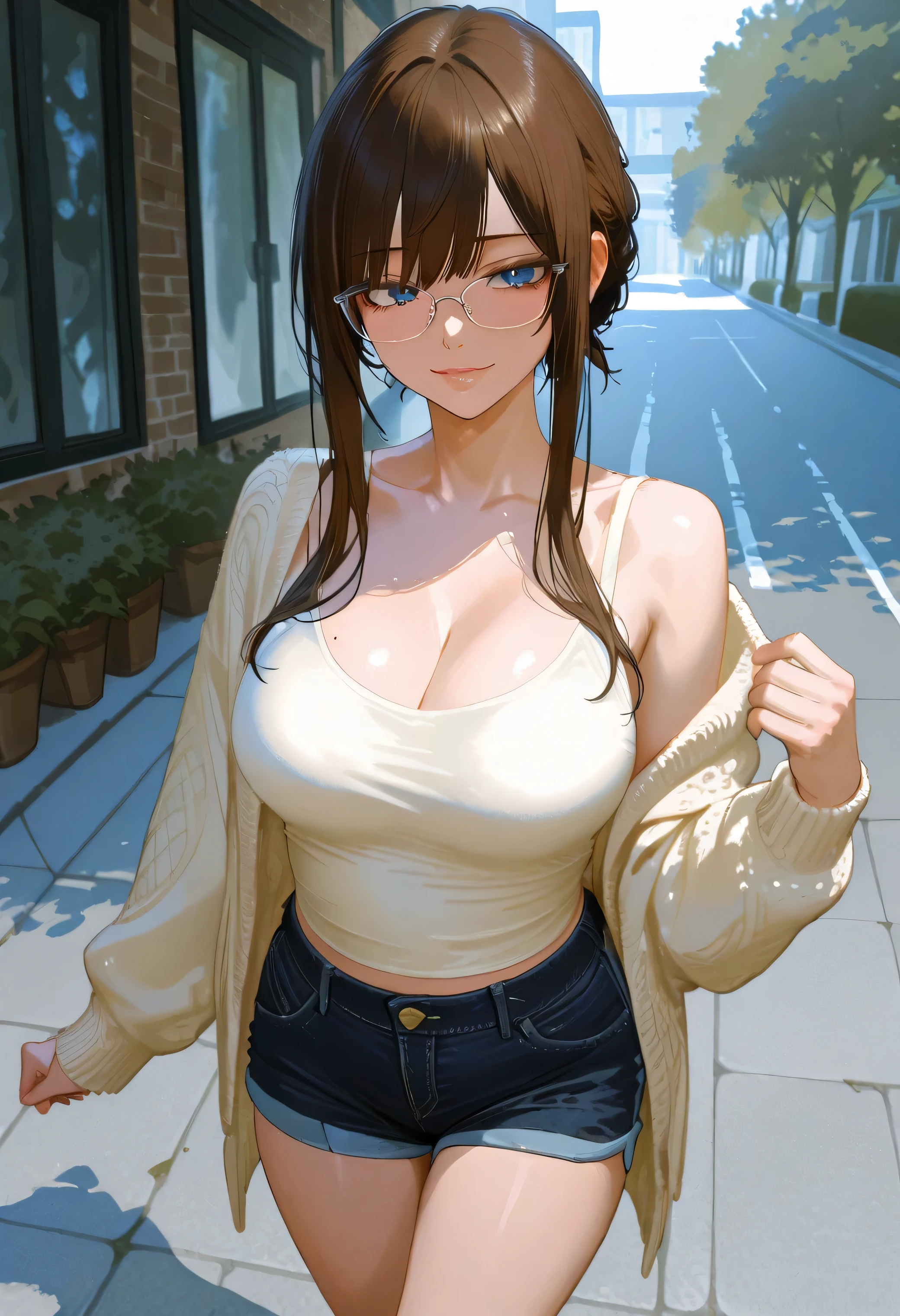 (masterpiece:1.3, highest quality), ultra high resolution, Super detailed, (realistic, photorealistic:1.4), beautiful illustrations, perfect lighting, colorful, Depth of written boundary, 
looking at the viewer, (face focus, Upper body), 1 girl, alone, high school girl, sculpture model, (big breasts:0.8, big ass, seductive thighs, skin teeth hair:1.2, half up hair:1.7, light brown hair), bangs, braided bangs, (gold eyes), droopy eyes, parted lips, shiny skin, 
beautiful hair, beautiful face, highly detailed face, thin and beautiful eyes, beautiful clavicle, beautiful body, beautiful breasts, beautiful thighs, beautiful feet, beautiful fingers, 
(fine fabric texture, (Hooded long sleeve T-shirt, knitted vest:1.6, White tight skirt with high waist, belt)), garnet necklace, 
(beautiful scenery), night, Are standing, (enchanting smile), 