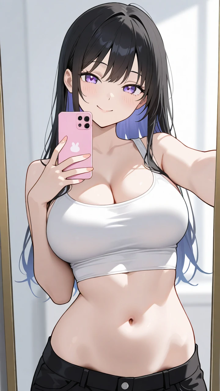 Anime girl takes selfie with smartphone, holding smartphone in front of covering face, sexy lingerie, navel, (((white background))), huge breasts,