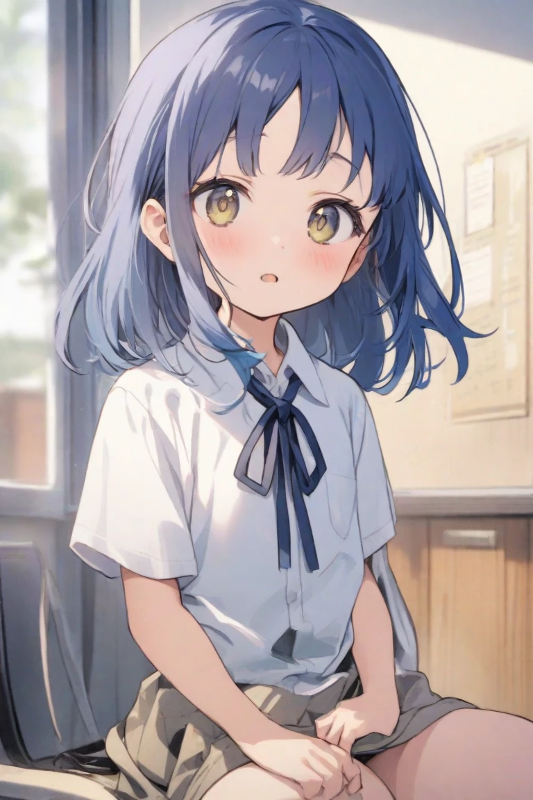 index, index, (Green Eyes:1.5), Blue Hair, Long Hair, (Flat Chest:1.2),tooth,happy smile, smile, Open your mouth, Resting his chin on his hand,
White shirt,Sweater vest, (黄色 Sweater vest:1.5),,Short sleeve,Green pleated skirt,black tights,Brown Loafers,corridorを歩いている,
break looking at viewer, Upper Body, whole body,
break indoors, School corridor,crowd, people々々,
break (masterpiece:1.2), highest quality, High resolution, unity 8k wallpaper, (figure:0.8), (Beautiful fine details:1.6), Highly detailed face, Perfect lighting, Highly detailed CG, (Perfect hands, Perfect Anatomy),