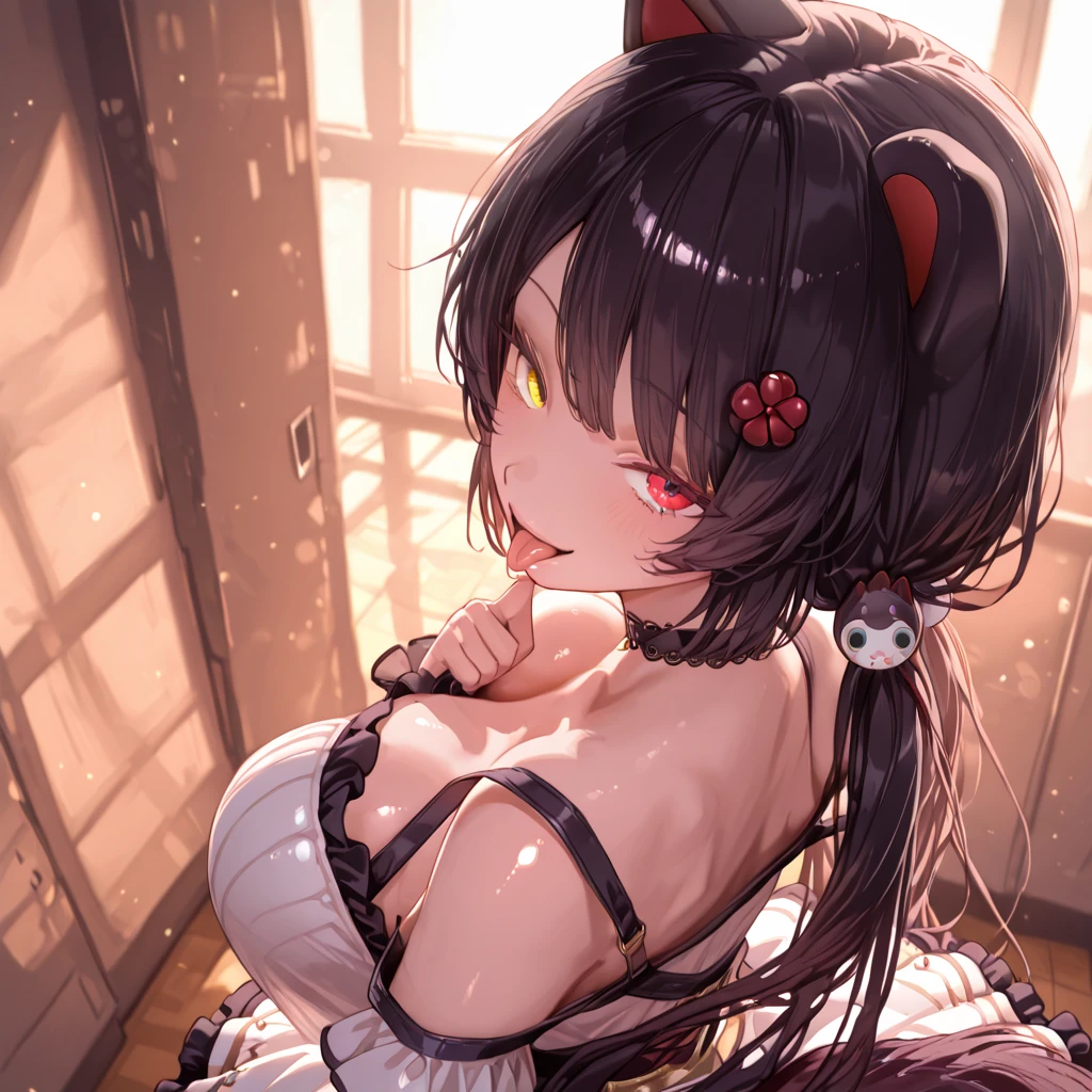 1 female, teacher, wearing a black ripped up suit, ripped white shirt, red tie, bootyshorts, Thicc, large breast, big ass, black hair, short hair, black bear ears, red glowing eyes, face to detail, detailed eyes, the background is a dark bedroom, showing her fangs, angry, on all fours.
