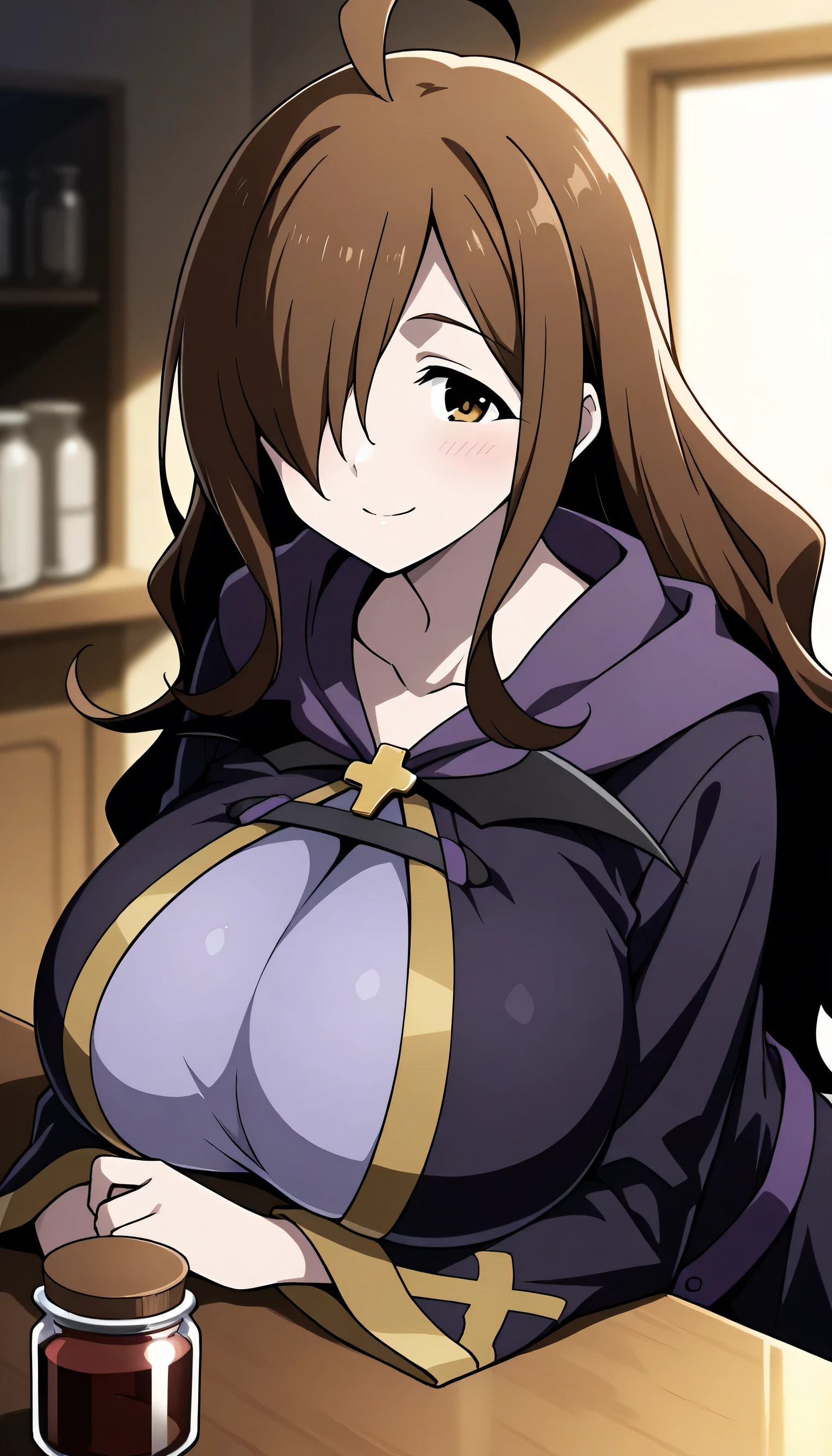 breasts, nipples, 1girl, breast focus, solo, smile, sweat, collarbone, upper body, large breasts, close-up, areolae,wiz, ahoge, brown eyes, light brown hair, hair over one eye, long hair,