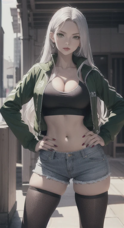 selfie, bra, looking at viewer, huge_breasts, portrait, smug, blush,JOLYNEJOJO, long braided hair, hair buns, green and blue hair, Jolyne Kujoh,b1mb0,skirt suit, garter straps, glasses, underwear, panties, lace-trimmed bra