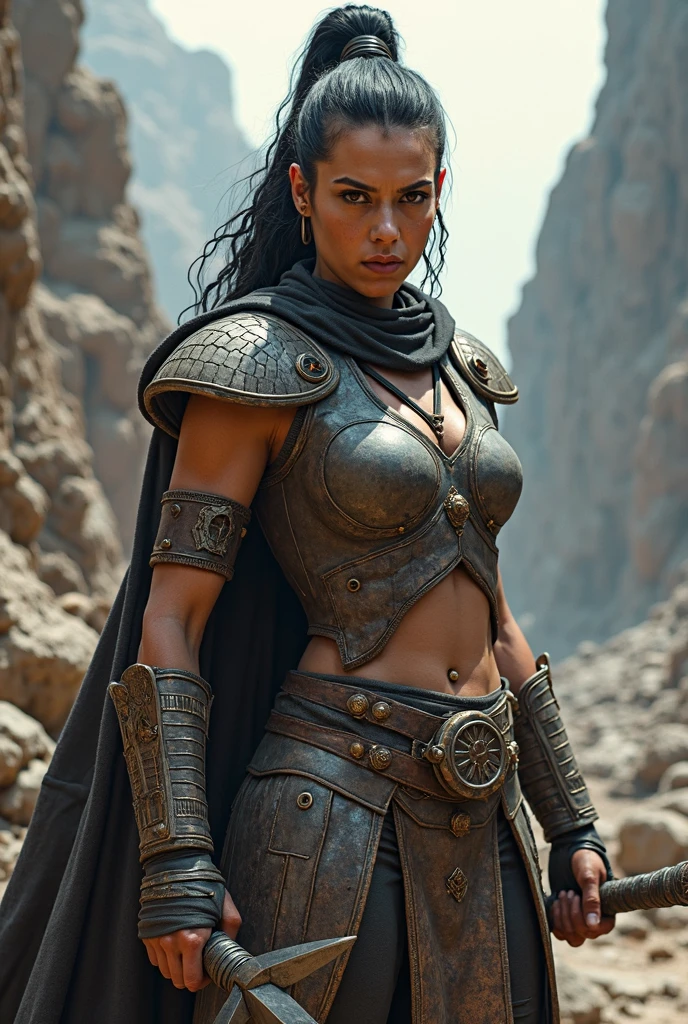 "photorealistic image of a warrior woman in a striking, dynamic scene, mid-stride pose, determined and focused expression, minimal yet elaborately designed armor, dark metallic shoulder armor with sharp edges, chest plate leaving breasts exposed, ornate belt, minimal cloth around waist, intricately designed forearm guards and leg armor, muscular and toned physique, dark skin, long flowing hair partially tied back, rugged natural landscape with high rocky cliffs and grassy terrain, natural lighting highlighting muscles and armor, shadows enhancing three-dimensionality, background slightly blurred, blend of realism with fantasy elements"