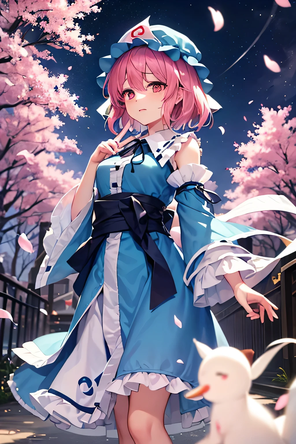 One girl, Saigyouji Yuyuko (Touhou), pink eyes, short hair, wavy hair, pink hair, blue hat, mob cap, neck ribbon, black ribbon, blue kimono, frilly kimono, obi, long sleeves, wide sleeves, frilly sleeves, sleeve garters, triangular headdress, blue ribbon, waist ribbon, kettle, ghost, fan, Saigyouji Yuyuko (Touhou) fan design, Shippo (pattern), Imperial carriage, cherry blossoms At night, with the cherry blossoms in full bloom and falling, Saigyouji Yuyuko commits suicide by stabbing herself in the chest under a cherry tree.
Peace to that soul ~ Dignity of Spirit
While fondly counting her shining memories
Blood seeps from her lips as she sings of her regrets
The young girl chose to fight, no one to pick up the bones she threw away in her resolve
Even when the long winter and nights endure, Zombie-kun probably knows
One truth
Even though she bears it, she cannot forget the deep scars engraved on the of a distant past
The white arms left by mischief
are stained redder than the karma of that flower
All the while, madly remembering
The time of awakening when they will gather together as if drawn to each other
The young girl endures, waiting only
As if it were the law of those who cannot be judged
Even when the long winter and nights endure, Zombie-kun probably knows
One truth
A whimsical tragedy shakes the clouds A nameless song with a howling voice that is beyond human imagination
How much emotion wets my cheeks at the voice of a person who shares the same wounds
While wiping the distorted scenery over and over
My heart races at the light in her eyes
The young girl chose to fight, with resolve and hope at her side
Waiting for a late spring, unblooming love will decay
Zombie-kun must know
On this road, "I can't look back"
Until I get out, "It's okay to be deceived"
I can't forget my sins
Until I've been judged, "It's okay"
You hurt my pride! Stab me in the back! Because I'm carrying a wound that will never fade
Overdrive! Stand Your Life! If y