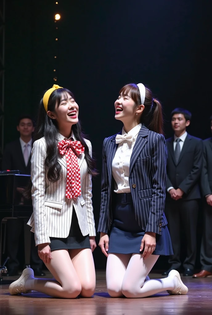 highest quality、Super detailed、Real:1.37、professional、Bright colors、Beautifully detailed eyes、Beautifully detailed lips、Highly detailed eyes and face、Long eyelashes、Two Girls、Portrait、photograph、(Two Girlsは全く違う服を着ている:1.4)、(One girl is wearing a grey suit with a white shirt and tie:1.37)、(The other girl is wearing jeans、T-shirts、japanese souvenir jacketを着ています:1.37)、comedian、smile、conversation、Stand up microphone、(Two people standing on a small stage)