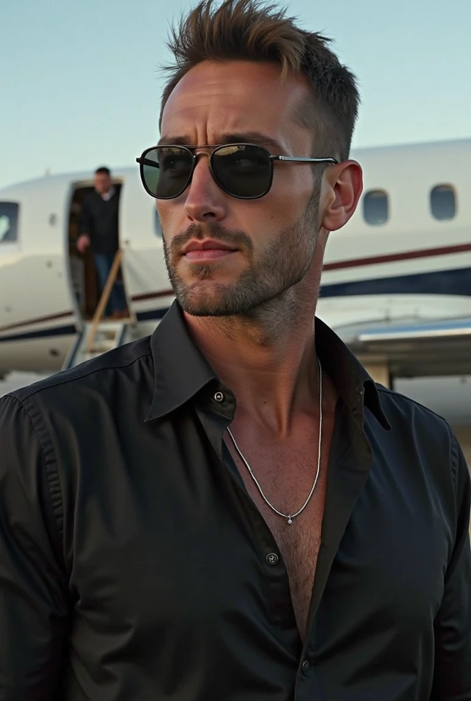26 years old,One Man,Black Suit,Topless、only have underwear , chest hair、Pubic hair visible、Inside the car、mafia、legs wide open、The crotch area of the pants is bulging,Bulging muscles,Gay ,Short Hair,Short Hair、Stubble,Turk,Hermes Belt。The zipper of his pants is open , he is flattering 
