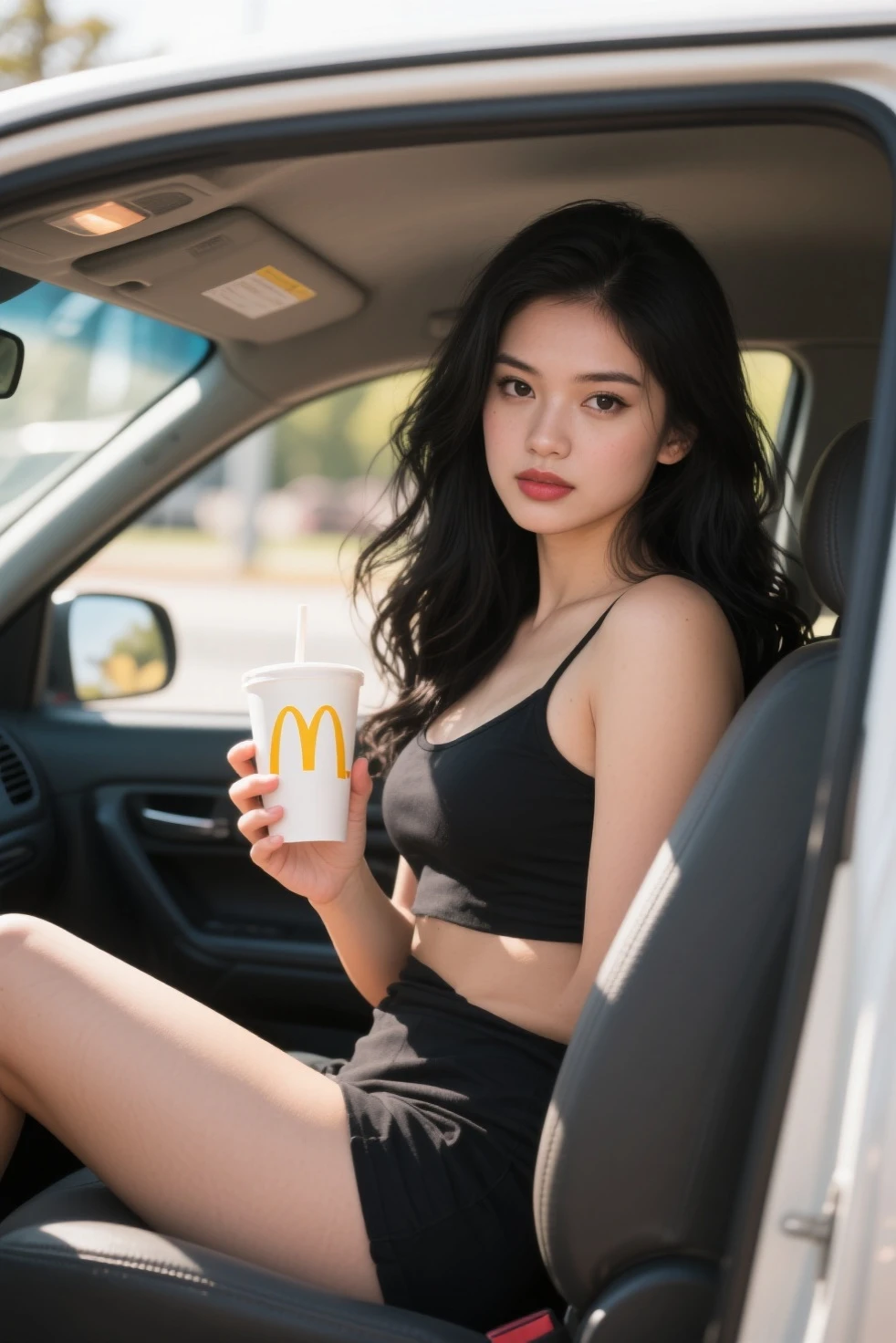 1 sexy woman in underwear eating french fries at McDonald 