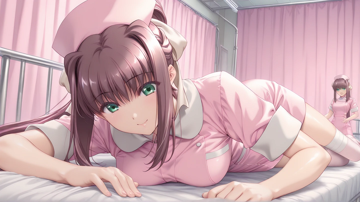 masterpiece,best Quality,ultra detailed,early anime style, Angle from below, 1girl, faded face, cute, kawaii, solo, pale pink and simple nurse costume,white lae tights, mischievous smile, beautiful brown eyes,pale black hair braid, all fours, leaning forward, (foreshortening:1.1), reach hand, at night, dark, strong lighting, backlighting, in hospital, Clinic room, bed, pyramid head,