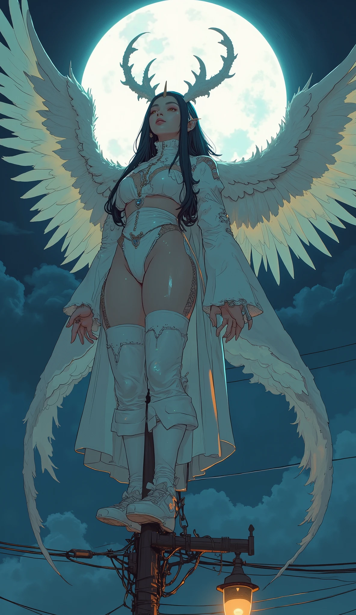 cloak, pale white skin, no eyes, female, wide hips, small breasts, robes, hauntingly beautiful, cleavage, large black wings