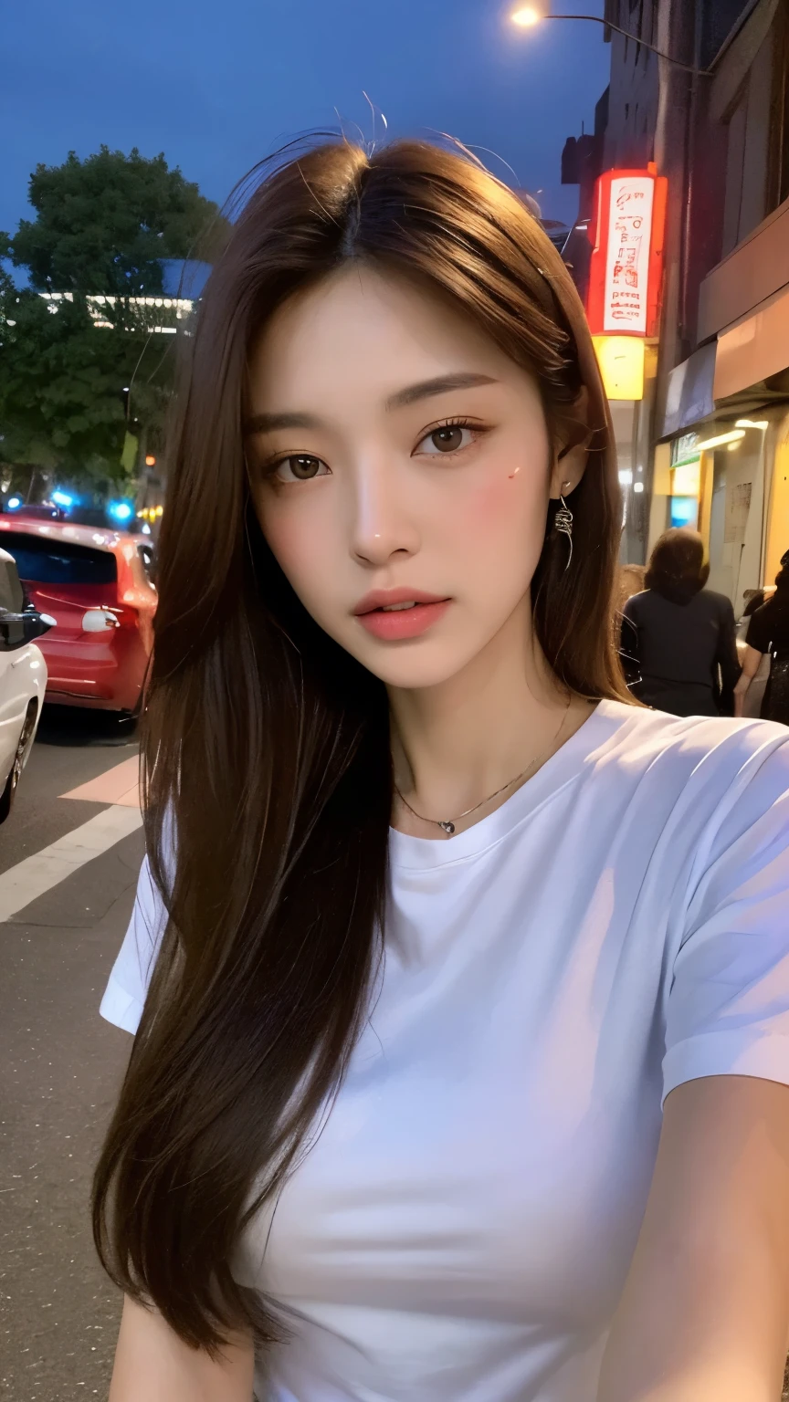 ((Best quality, 8k, Masterpiece :1.3)), Sharp focus :1.2, Perfect Body Beauty:1.4, Slim Abs:1.2, ((Layered hairstyle: 1.2)), (Pink shirt:1.1), (Street:1.2), Highly detailed face and skin texture, Fine eyes, Double eyelids, squinting slightly,