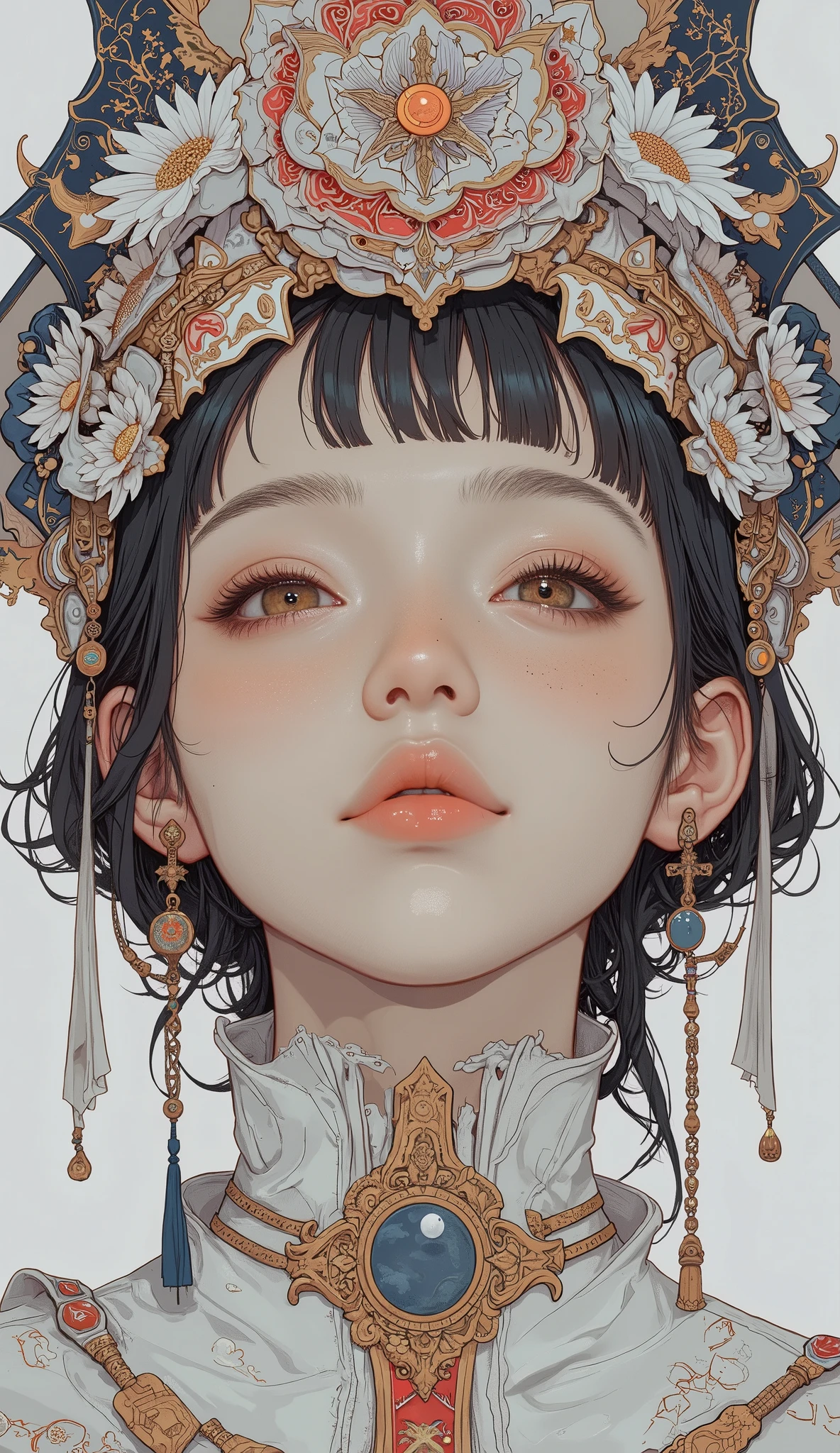 Closeup of a woman wearing a white and red headdress, complex and glamorous anime CGI style , Gwaiz masterpiece, Gwaiz, artwork in the style of Gwaiz, James Jean and Urop, complicated, Pop Japonism 3D ultra-detailed, Li Song, teeth、cgstation of a woman in a bikini and a man in a white coat, twist, Uropa Art
