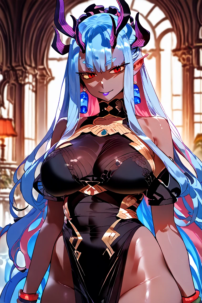 Girl succubus, sits at the table and looks at you, big eyes, intense gaze, seductive gaze, Dark blue skin,little chest, light blue scarring tattoo all over the body, Succubus fantasy clothing, a closeup of a