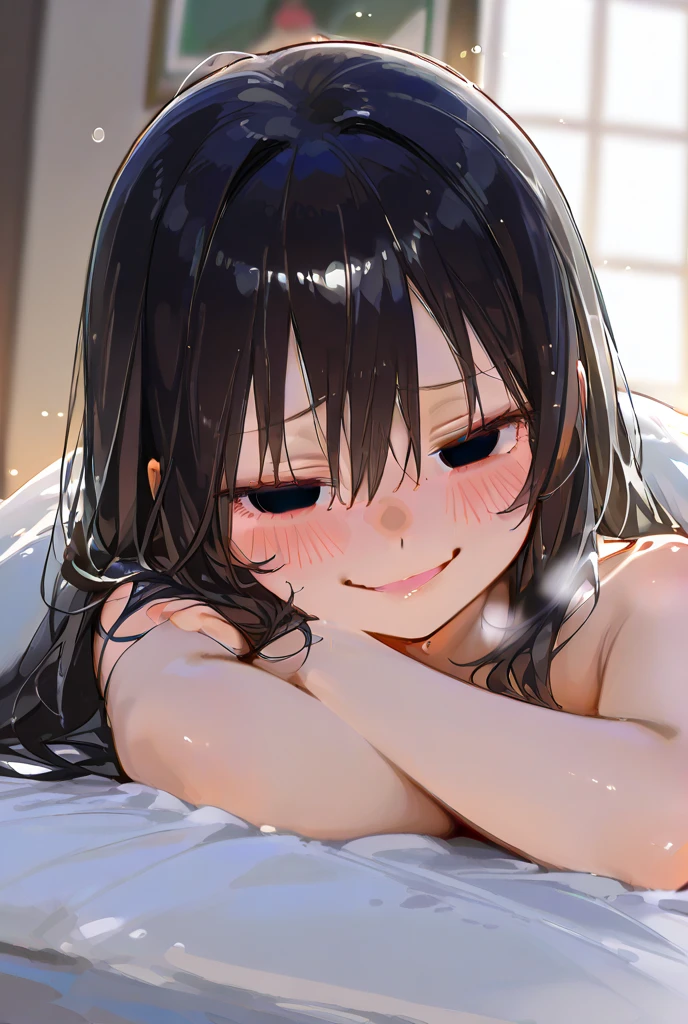 black hair,Blue eyes,Watery eye,Small breasts, tits, [ 4k digital art ]!!, Wet and slimy, Shiny wet skin!!, Enchanting anime girl,pubic hair,Watery eye,NUDE,sfw version,squat,12 years old,one woman,steam,blush,Raise eyebrows,Even bangs,semi-long,Sunburn mark,Voyeur style