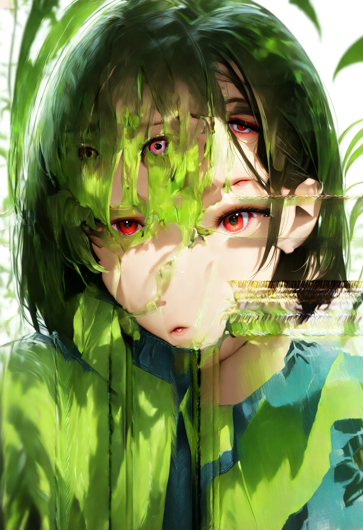 (masterpiece:1.2), ((Intricate details)), Cover art, chaos,
Upper Body, One girl, Japanese Girls, short hair, Black Hair, bangs, Forehead hair, high quality, (red, green, yellow, purple, Green Ink), ((Front view)), Dripping from the face, Clothes dripping, Ink dripping, (Additional weight 1:1.0), (Double exposure), Ink painting landscape