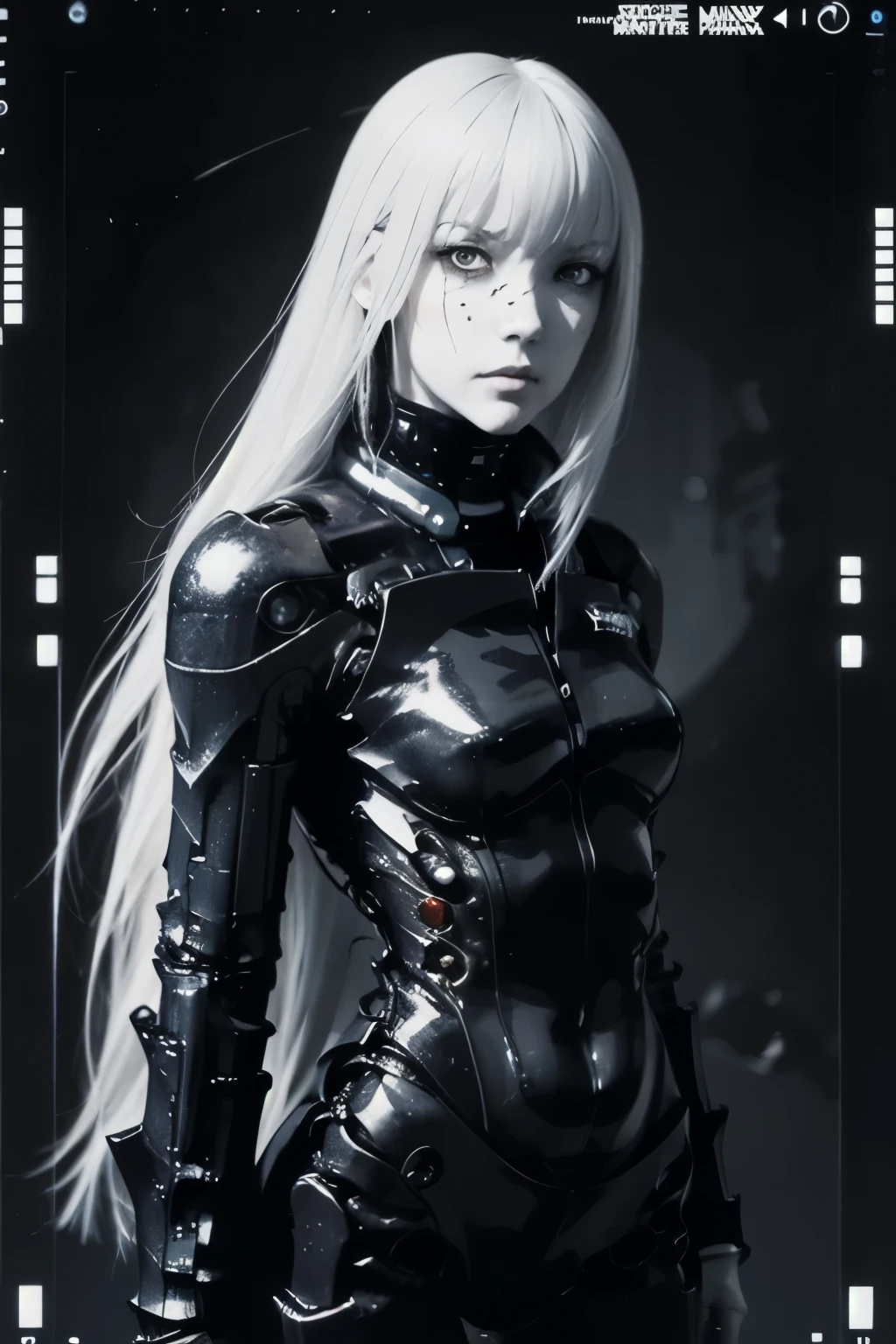 solo,blame, tsutomu nihei, by tsutomu nihei,movie, cibo, GBE,1girl ,ova, long hair, Platinum blonde hair,cybernetic female android, emotionless pale face, white long straight hair with blunt bangs, wearing black mechanical bodysuit with armored plating and segmented limbs, exposed robotic joints, detailed metallic textures, glowing indicators on the arm, sitting posture with one hand in salute, futuristic synthetic anatomy, elegant yet deadly, ultra-detailed illustration, inspired by Tsutomu Nihei and biomechanical manga aesthetics, monochrome palette with red blood stains, realistic manga character rendering