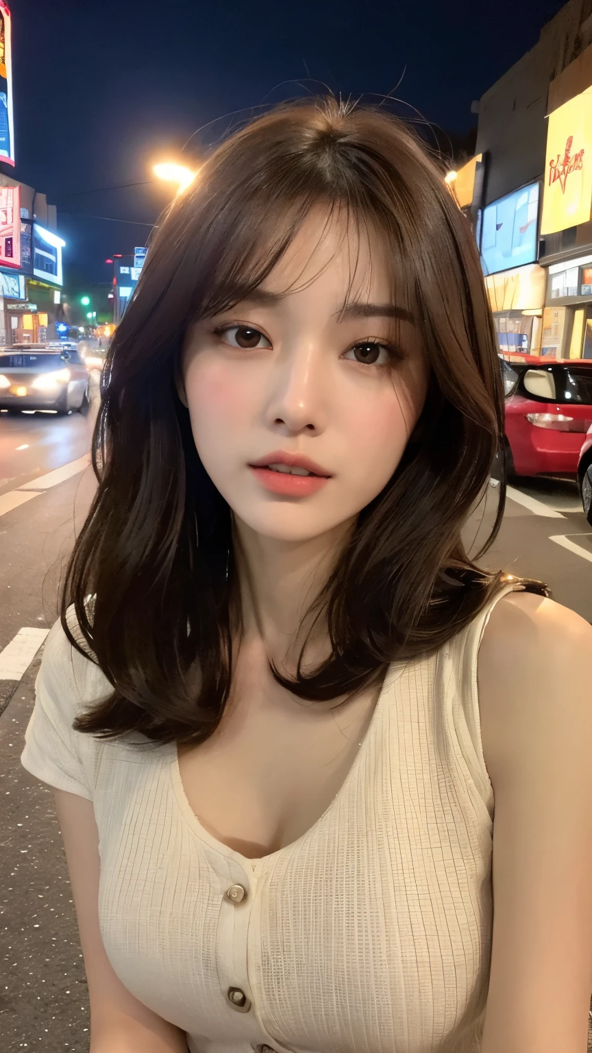 ((Realistic lighting, Best quality, 8K, Masterpiece: 1.3)), Clear focus: 1.3, 1girl, Perfect body beauty: 1.4, Slim abs: 1.1, ((Brown hair, Milk: 1.3)), cowgirl pose, (Outdoor, daytime: 1.1), country street, super fine face, fine eyes, double eyelids, curly hair, fair skin, big breasts