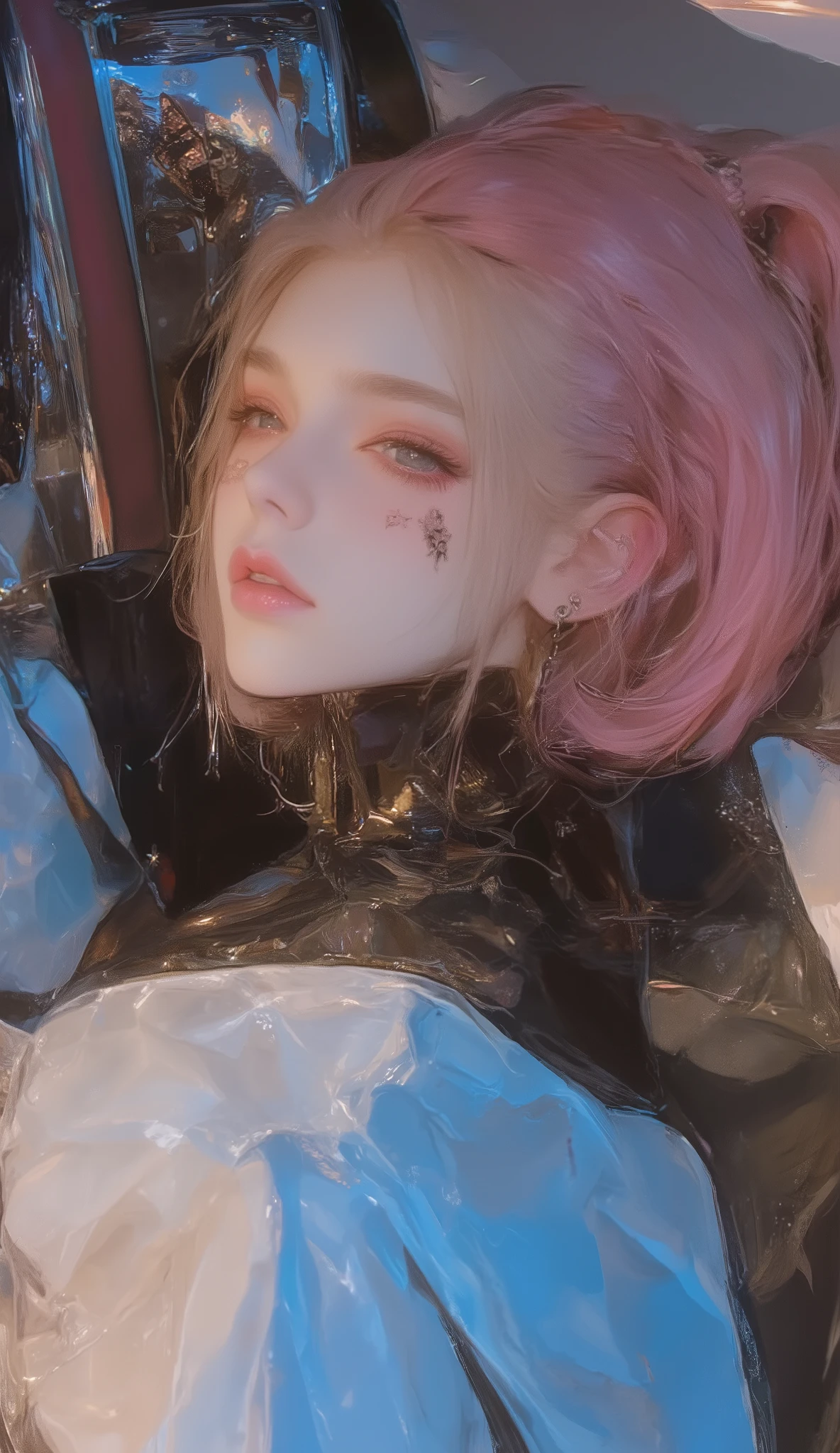 araffed woman with pink hair laying on a bed, with pink hair, cl, roseanne park of blackpink, portrait of jossi of blackpink, sun yunjoo, jinyoung shin, flowing pink hair, kda, pink hair, jossi of blackpink, ava max, taejune kim, hong june hyung, glossy from rain, heonhwa choe