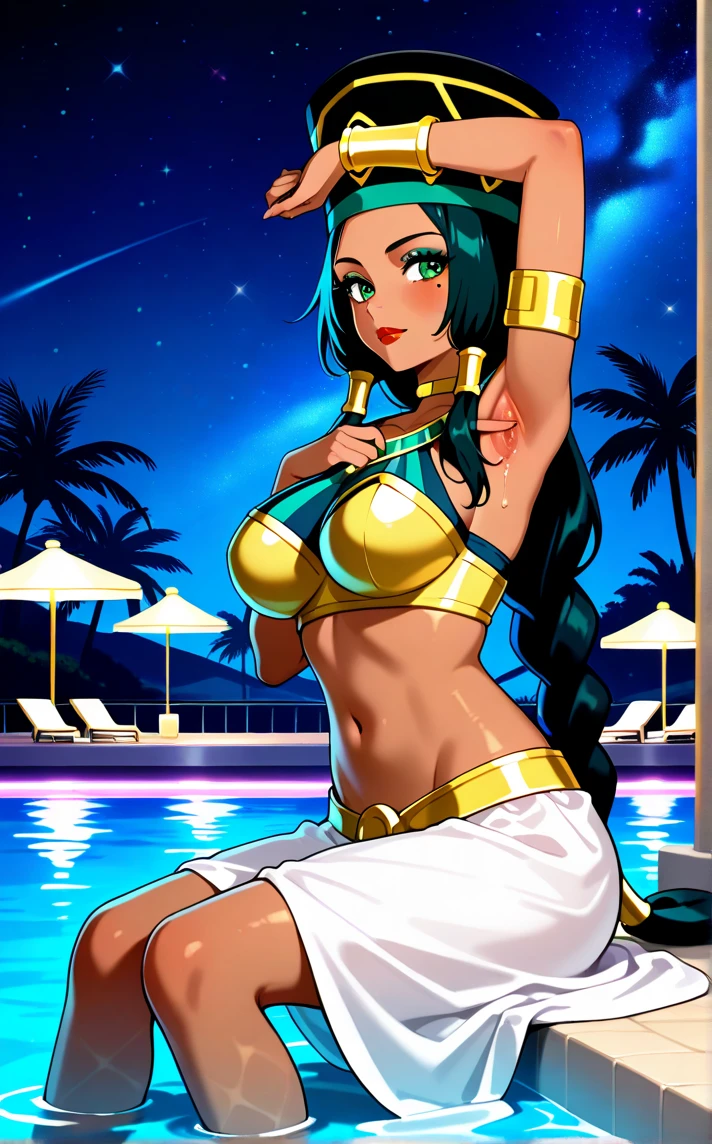 legend of queen opala, 1girl, osira (character), black hair, darkskinned-female, yellow eyes, blunt bangs, big breasts, black form-fitting strapless bra, black thong, see-through baggy genie pants, annoyed expression, in the beach near the desert, pregnant