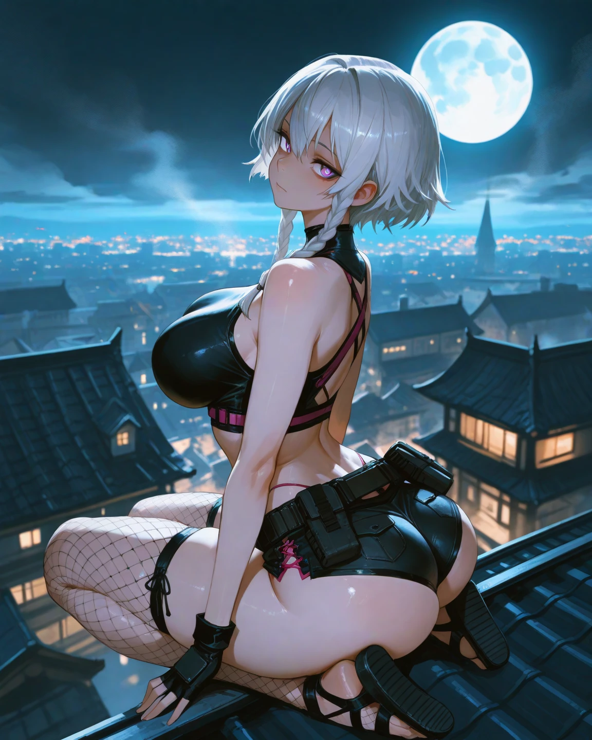 Highest quality、8K、(White Bunny Girl)、Fishnet tights、High heels、Bunny Suit、View Viewer、Front angle、 all fours、Place your elbows on the floor、((Attach your cheeks to the floor))、smile、Futuristic Living Room、indirect lighting、Room with houseplants、From the window you can see the valley between the city buildings、Night view、Silver short hair、Beautiful eyes、Beautiful Face、Delicate eyes、((Long nipples))