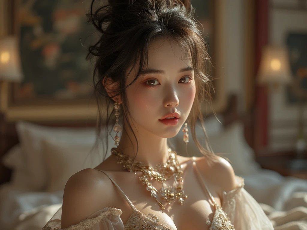 Fengshen Bang，tmasterpiece，ultra fine photos，，best qualtiy，超高分辨率，Photoreality，Chiaroscuro，（full-body portraits），stunningly beautiful，dynamicposes，delicated face，Bigchest，Murderous eyes，（seen from the side），She wears gold ancient Chinese armor，very highly detailed background，detailed face with，Detailed and complex busy background，untidy，opulent，milkyW，Highly detailed skin，Realistic details of skin，Visible Pore，tack sharp focus，volume fog，8k uhd，digital SLR camera，high qulity，filmgrain，White skin of the，photo-realism，lomography，The palace of the Yin Shang King in ancient China , look from down, semi transparent, gigantic breasts, showing cleavage, full body shot camera angle, lotus tattoo on forehead, sexy body: 1.4, Slim abdomen: 1.2, sitting on chair with legs up, gigantic deep cleavage, open shirt, opens her legs in an M shape,