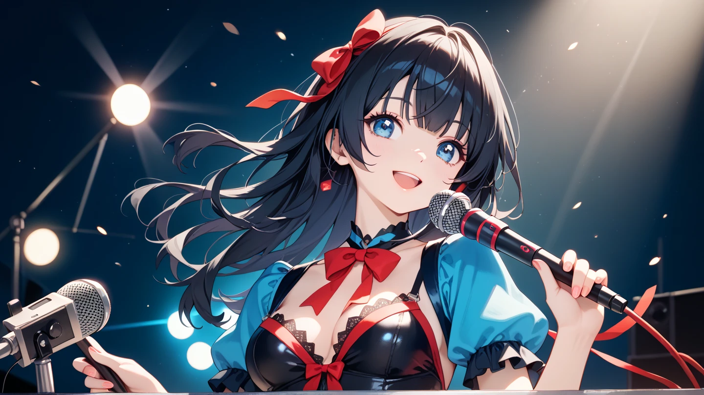 highest quality、High resolution、Detailed Background、(Beautiful face in every detail:1.4)、Anatomically correct、(Detailed facial expressions)、Teenage beauty、(Highly detailed face:1.4)、(Huge breasts:1.3)、Accentuate your cleavage、Show your side、A big smile、smile、
A sailor dress with a fluttering pink ribbon、A soft silhouette、Pretty figure、Cute gestures、
Standing on stage with big shining eyes、A sparkling smile that captivates the audience、A clear singing voice echoes through the venue、I was enchanted by the heart-tugging voice.、Her small hands move gracefully as she sings、I'm fascinated by her angelic behavior、A dreamlike sight、I am fascinated by her pure expression.、This moment is so wonderful I want to hold it forever、I'm grateful for the miracle of meeting this lovely girl.、A goddess of the stage who continues to shine forever、cute