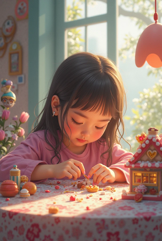 Little girl sweet, Dim sum store production dim sum, flower pots, desks, a chair, and the sun was shining brightly, the detail, 4K, k hd, high high quality