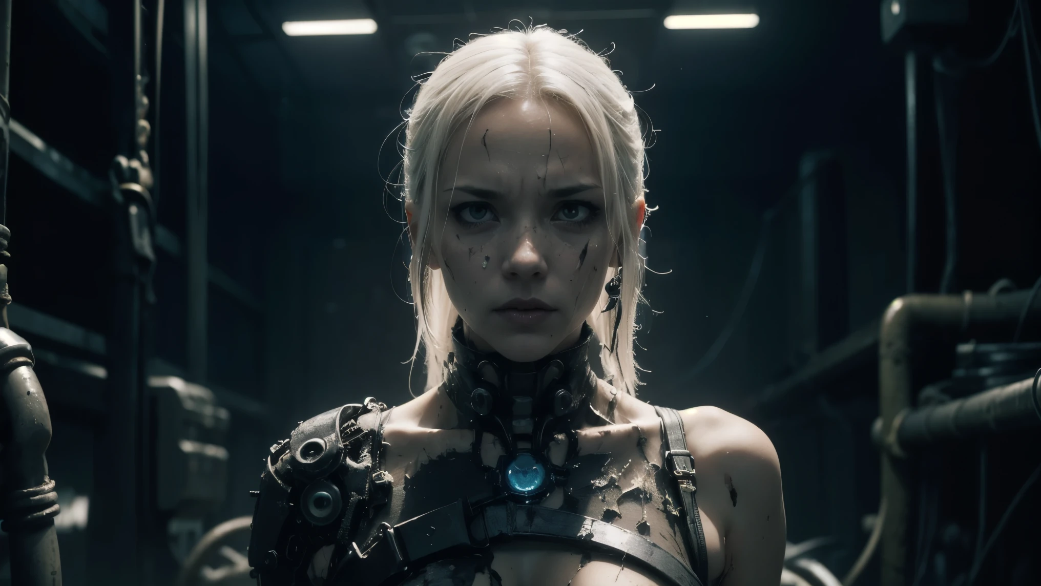 wide shot, 35mm lens, solo,blame, tsutomu nihei, by tsutomu nihei,movie, cibo, GBE,1girl ,ova, long hair, Platinum blonde hair,a disturbing biomechanical female torso, her upper body remains crucified like a suffering Jesus figure, arms outstretched and suspended by cables tightly wrapped around her elbows. She hangs in a dim, surreal industrial space. Her face is grotesquely twisted, revealing a metallic skull beneath, with exposed mechanical teeth and hollow eye sockets filled with invasive cybernetic implants. Her long, messy hair partially covers the damaged skull. Large industrial metal chunks and bolts are deeply embedded into her cranium. Thick wires and heavy cables pierce through her chest and shoulder stumps, tearing the synthetic skin and exposing a mechanical core beneath. Dripping fluids mix with decayed flesh and mechanical tissue. The environment is filled with hanging cables and decaying pipelines. High-contrast black-and-white ink illustration style, grotesque cyberpunk horror aesthetic, inspired by Tsutomu Nihei’s *BLAME!*, visceral manga rendering, nightmarish tragic expression, mechanized crucifixion imagery.