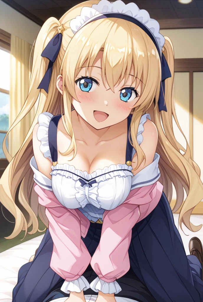 Masterpiece, Top quality, 1 beautiful girl, Blonde, long Hair, Braided hair, wavy Hair, blunt bangs, 15 year old, standard weight, (medium breasts :1.2), (cute clothes:1.5), (happy :1.3), blush, open mouth, closed eyes, dynamic pose, beautiful scene of cute room, cute effect, from above
