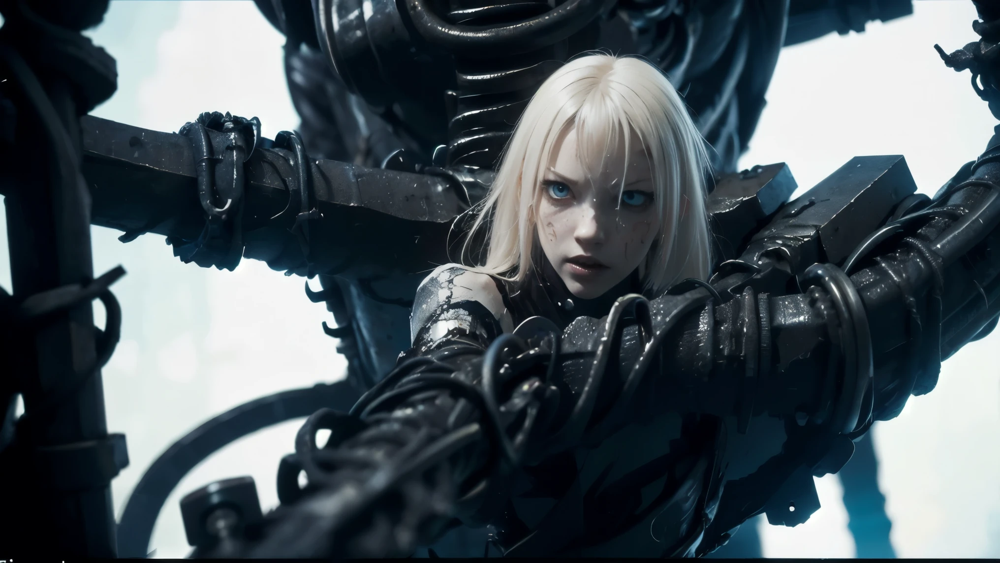 medium shot, 50mm lens, focused on upper body, solo,blame, tsutomu nihei, by tsutomu nihei,movie, cibo, GBE,1girl ,ova, long hair, Platinum blonde hair,a disturbing biomechanical female figure with only her upper body remaining, suspended in a dim, surreal industrial space. Her limbs are crucified in a cross shape using metal rods and binding devices. Her distorted face reveals an internal metallic skull structure, with exposed teeth and hollow eye sockets filled with invasive cybernetic implants. Long messy hair partially covers her fractured head. a biomechanical female figure with only the upper body remainin,Several industrial metal chunks and bolts are deeply embedded in her cranium. Thick wires and cables pierce through her chest and limbs, tearing open the skin to expose a mechanical core. Fluids drip and decaying flesh intertwines with machine parts. Surrounding her are hanging cables and decayed pipelines. The scene is drawn in a high-contrast black-and-white ink illustration style, evoking a grotesque cyberpunk horror aesthetic, inspired by Tsutomu Nihei’s *BLAME!*, with visceral manga rendering, a nightmarish and tragic expression, and a mechanized crucifixion setting.