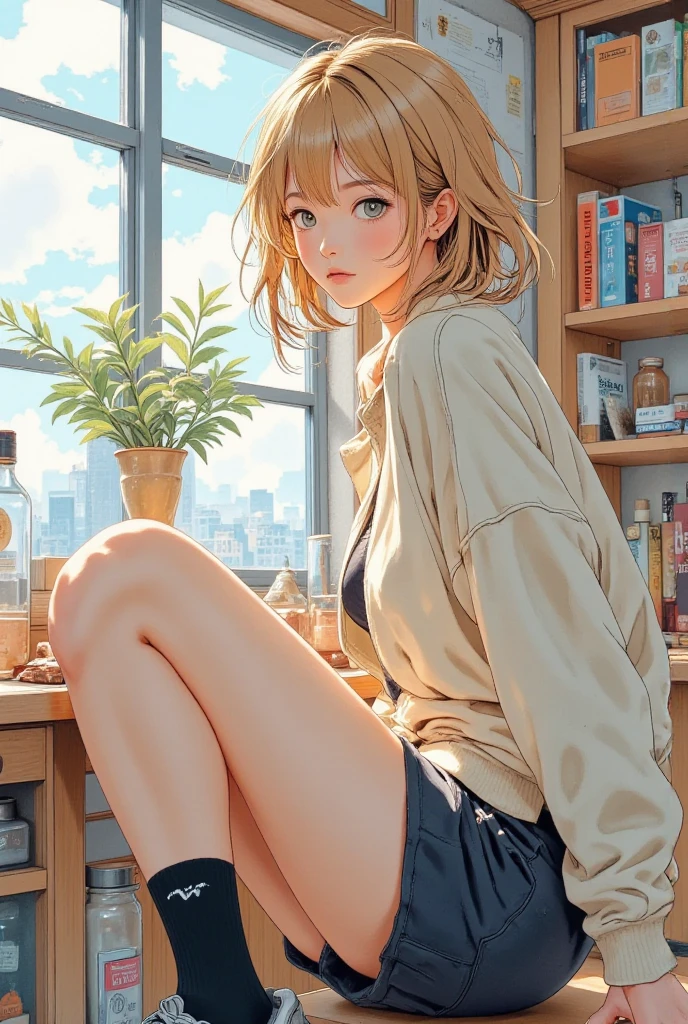 irohaisshiki, iroha isshiki, long hair, brown hair, (brown eyes:1.5), smile,smile,T-shirt,shorts,Sheer long cardigan Front open,barefoot,On the table is a coffee mug and a plate of toasted bread.,window building street,Sunlight shining through the gaps in the building,morning,sunrise,sitting in a chair,
break indoors, indoor,
break looking at viewer,
break (masterpiece:1.2), highest quality, High resolution, unity 8k wallpaper, (shape:0.8), (fine and beautiful eyes:1.6), highly detailed face, perfect lighting, Very detailed CG, (perfect hands, perfect anatomy),