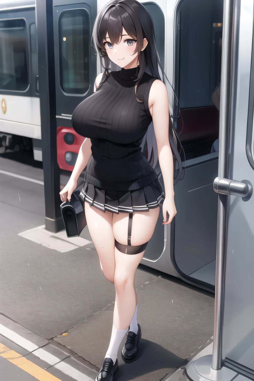 ((full body):1.5) {Only 1/woman}:wearing black maid's costume ((extremely short and tight on body):1.5), white maid's headdress on her head, with an extremely small white skirt, ((has extremely large breasts):1.5), very short purple mohawk hair, blue eyes, looking at the viewer, striking sensual poses while standing. In one ((bus crowded with passengers who are seated, wearing different social clothes and all have different ethnicities):1.5) looking at just {1/woman} who is standing doing sexy poses. anime, anime style, 16k, ((high quality, high details):1.5), UHD, masterpiec