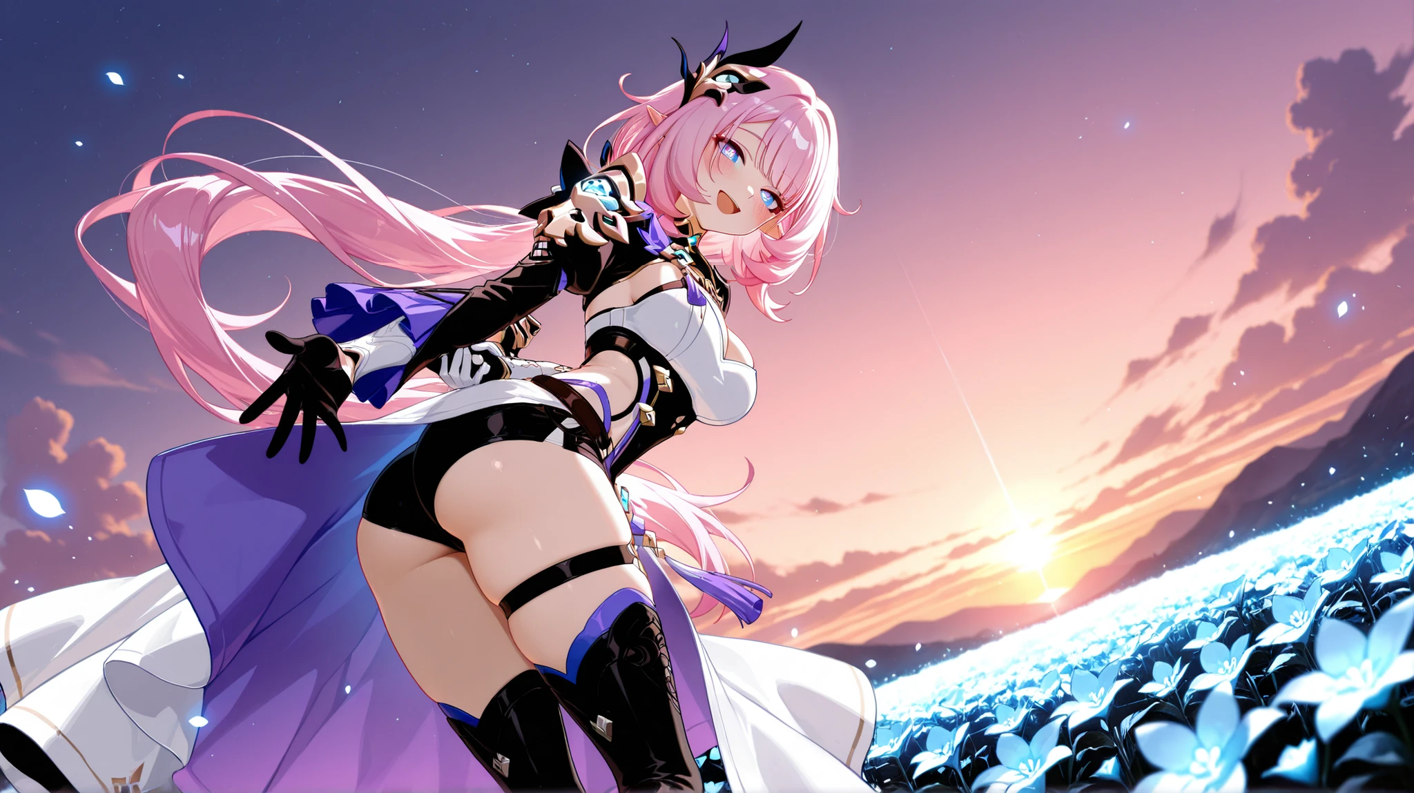 addmicrodetails, 1girl, pointy ears, long hair, pink hair, blue eyes, shrug (clothing), black shrug, cleavage, jewelry, purple trim, hair ornament, asymmetrical sleeves, black sleeves, single wide sleeve, single detached sleeve, single gauntlet, white gauntlet, single pauldron, asymmetrical clothes, short shorts, black shorts, side cutout, white skirt, long skirt, open skirt, purple skirt, thigh strap, single glove, black footwear, black glove, black thigh boots, low ponytail, elysia (honkai impact), (cute expression, warm smile, shaft look, head tilt, blush, :D) BREAK dynamic pose, dynamic view, from behind, dutch angle, warm colors, sunset sky, flower field, detailed background, soft lighting, volumetric lighting, soft shading, glowing particles, depth of field BREAK standing, arms behind back, reaching towards viewer, arched back BREAK ultra-detailed eyes, detailed pupils, high gradient eyes, detailed clothes, soft skin texture, delicate fingers, thick legs, (masterpiece:1.4, best quality:1.4, amazing quality, newest, very aesthetic:1.4, ultra-detailed, absurdres, 8k),