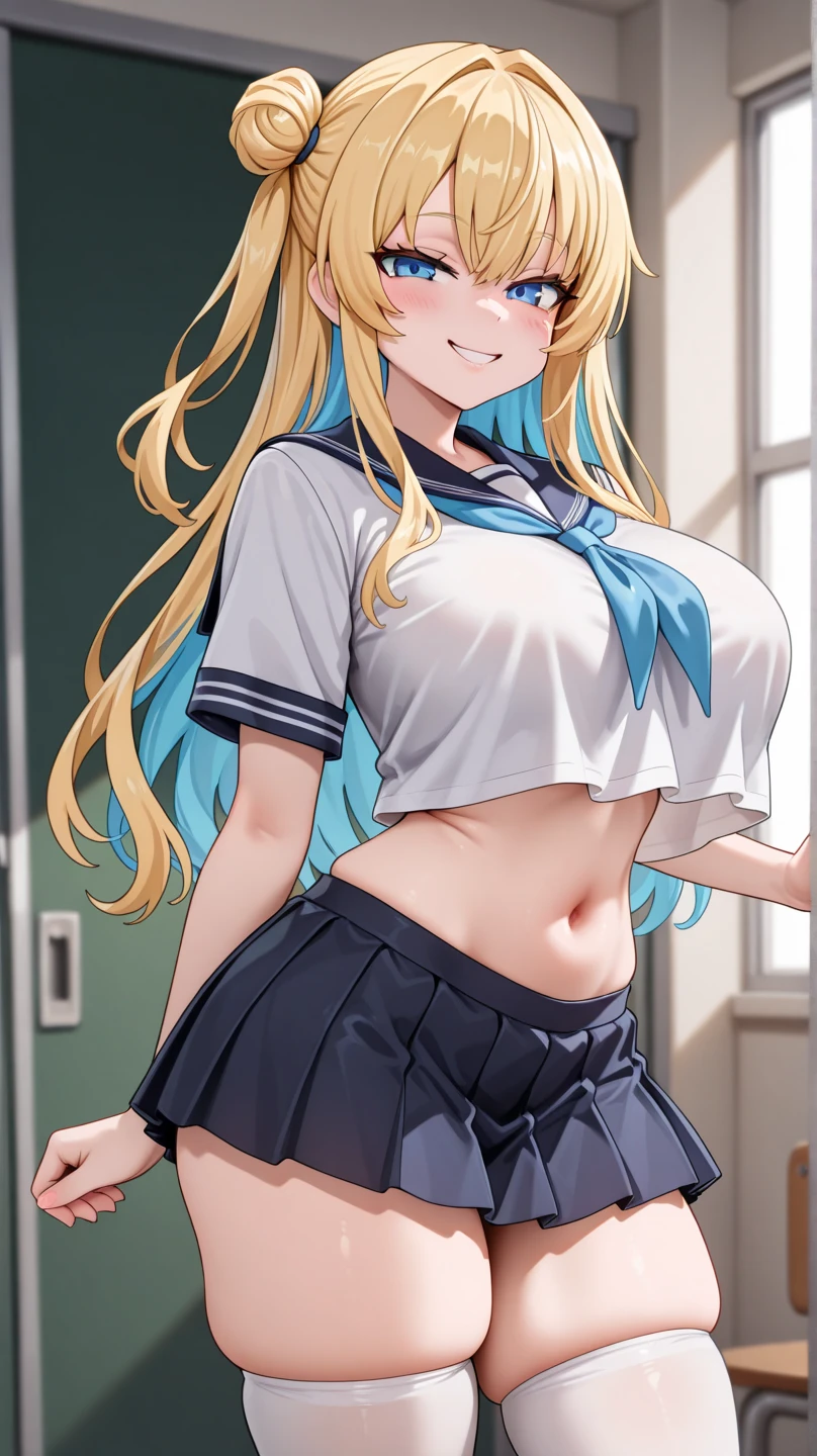 (big breasts:1.5),shiny,hair,((alone)),((masterpiece)),((highest quality)),perfect anatomy,slim waist,perfect image,8K UHD,(beautiful and fine eyes:1.3),highly detailed face,Are standing,(Upper body:1.1),(look ahead:1.1),back arm,super detailed,disorganized,High resolution,blonde hair,pink eyes,classroom,School,bare shoulders,blue pvc costume,(blue pvc serafuku),(blue pvc pleated skirt),oily skin,shiny skin,
