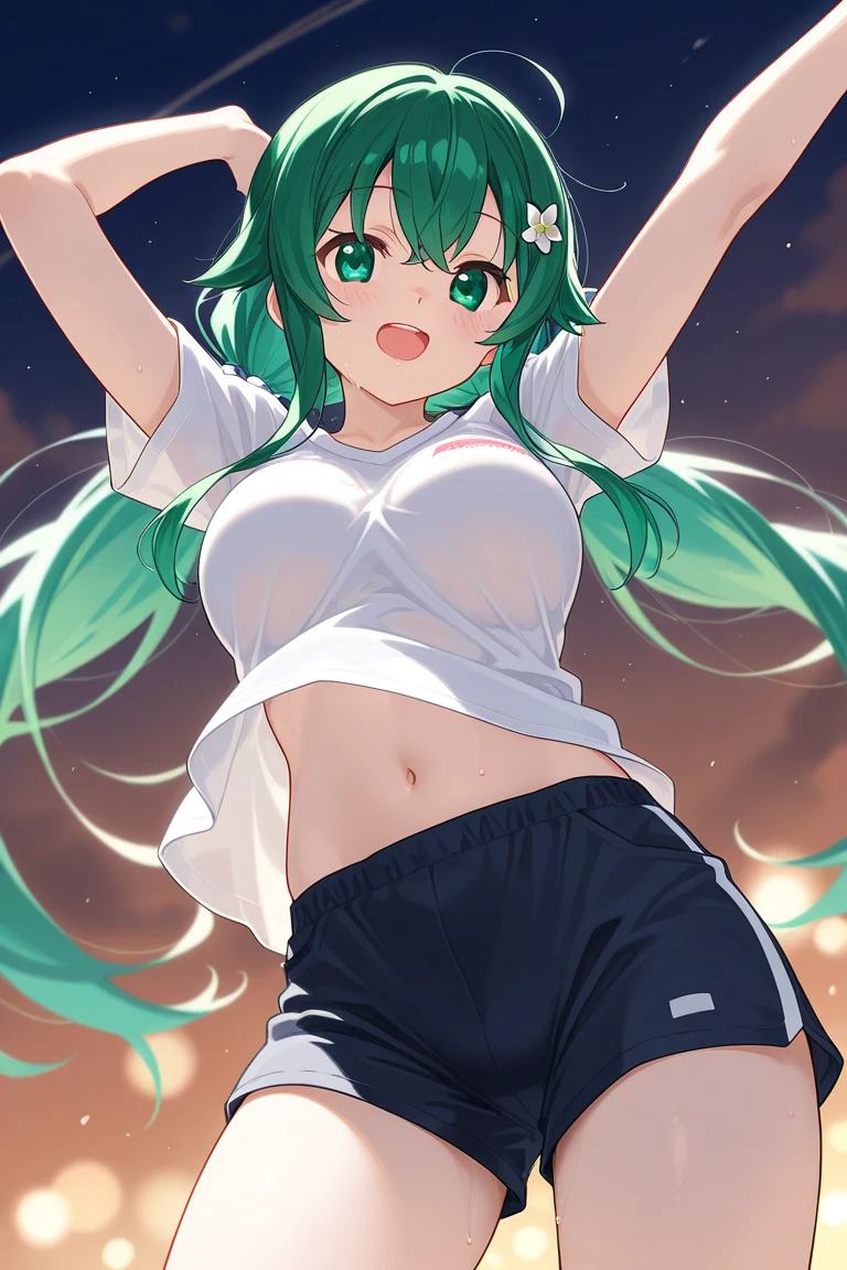 Green hair, folded ponytail, fine eyes, green eyes, masterpiece, sweat, soaked, best quality, hi-res, solo, wicked grin, ass facing you, running action and elegance, white sports short shorts, wet pants, white running shirt, wet shirt, sleeveless, braless, big, park, outdoor (en bikini) ("camisa mojada y de frente de la cámara") (en bikini ) (" mostrando tetas")( "su bikini transparente ")(( sin ropa interior)) (*tocandose una teta*)(("bikini pequeño más pequeño y trasparente")) (("posé sexy sacando la lengua")) ((" en bikini blanco trasparente"))