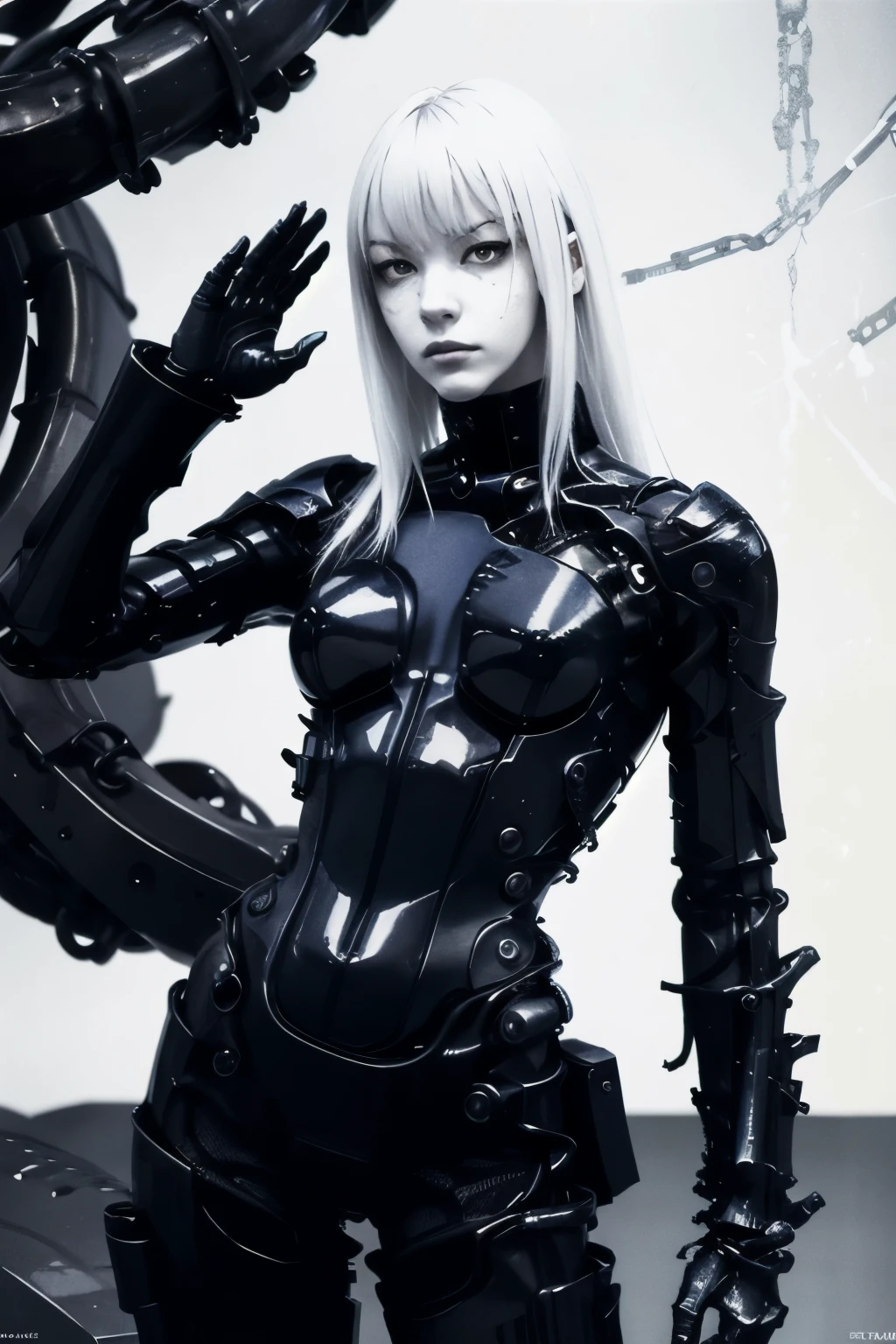 solo,blame, tsutomu nihei, by tsutomu nihei,movie, cibo, GBE,1girl ,ova, long hair, Platinum blonde hair,cybernetic female android, emotionless pale face, white long straight hair with blunt bangs, wearing black mechanical bodysuit with armored plating and segmented limbs, exposed robotic joints, detailed metallic textures, glowing indicators on the arm, sitting posture with one hand in salute, futuristic synthetic anatomy, elegant yet deadly, ultra-detailed illustration, inspired by Tsutomu Nihei and biomechanical manga aesthetics, monochrome palette with red blood stains, realistic manga character rendering