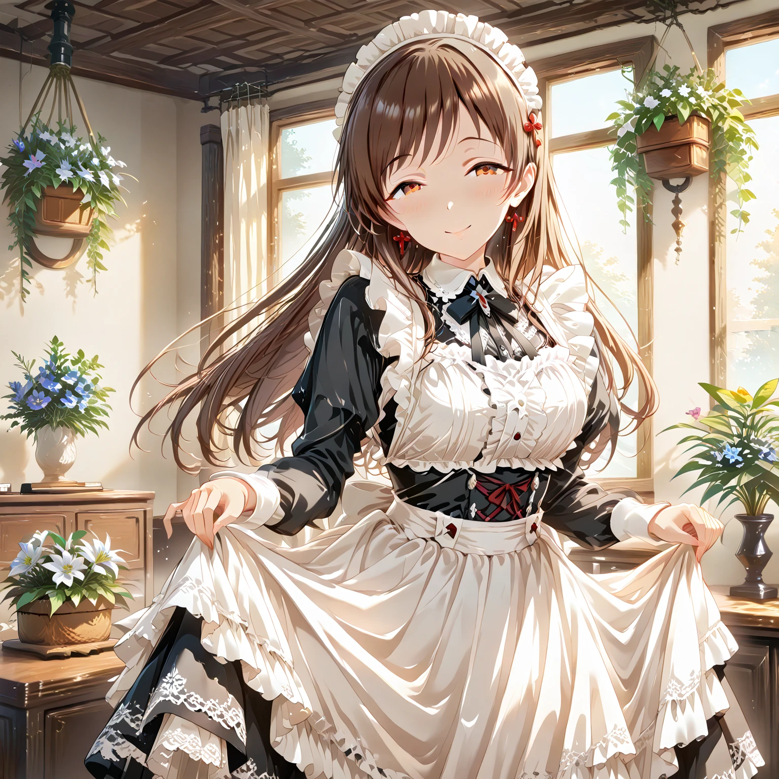 ((best quality)), ((masterpiece)), (detailed), perfect detailed eyes, perfect detailed face, ultra-detailed nose, brown hair, twin drills, hairband, rabbit ears, rabbit tail, blurry, reflection light, three sided view, maid outfit, maid girl, frilly apron, Palace, mansion
