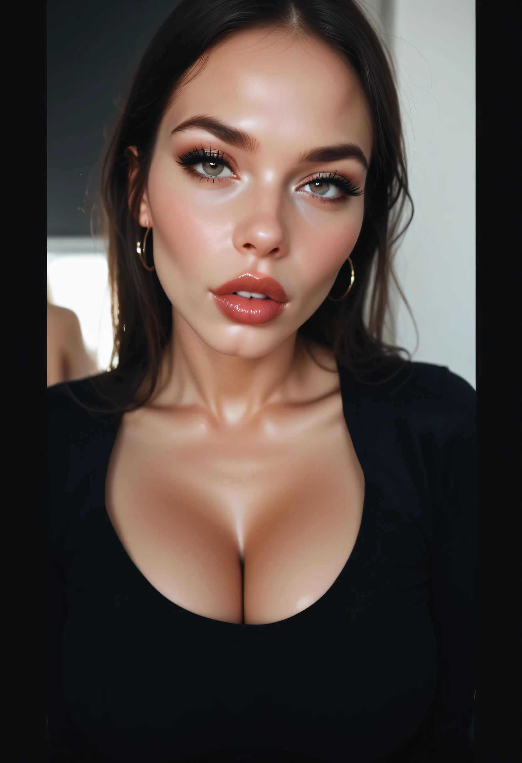 a woman with a big breast and a black top, neckline, thick lips, super sexy woman