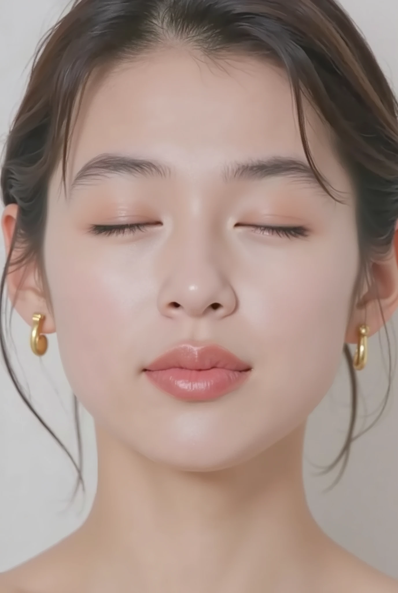 ultra-detailed close-up of a beautiful girl, collarbone-up composition, white studio background, soft natural lighting, slightly elevated camera angle (around 35 degrees), full face and head visible in frame, chin slightly raised, eyes gently closed, deeply affectionate smile, cheeks and ears flushed, dreamy, blissful, euphoric expression, mouth puckered and protruding with a rounded kiss shape, glossy moist lips with shimmering highlights, soft lips reflecting light, extreme focus on lips, inviting kiss pose, longing expression, desperate affection, dere-dere mood, hands behind her back and not visible, natural skin texture with visible peach fuzz, matte facial skin, black camisole strap visible, soft head tilt, bokeh background and soft facial contour blur to emphasize lips, overflowing with affection and dazed joy