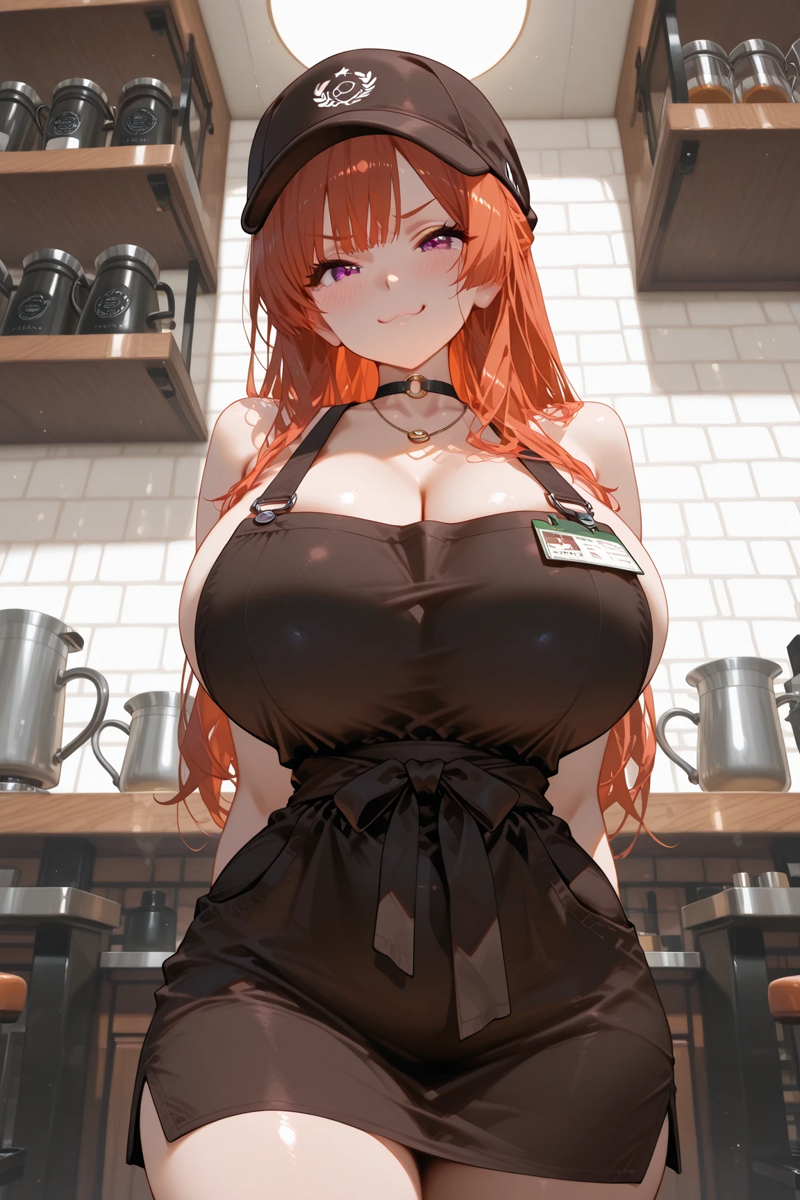 ((masterpiece)), (((best quality))), ((ultra-detailed)), (((illustration))), detailed face, ultra cute face, detailed body, ((1girl)), ((solo)), Fluffy hair, medium hair, (sideways ponytail), orange hair, (smug look), upper_body, ((gigantic breasts:1.5)), cleavage, long hair, ((green naked apron)), sonia, bar, shelves, standing behind bar, serving alcoholic drinks, inside, midnight, seductive, drunk blush, thick thighs, ((giantess)), head against ceiling, kneeling, bend over