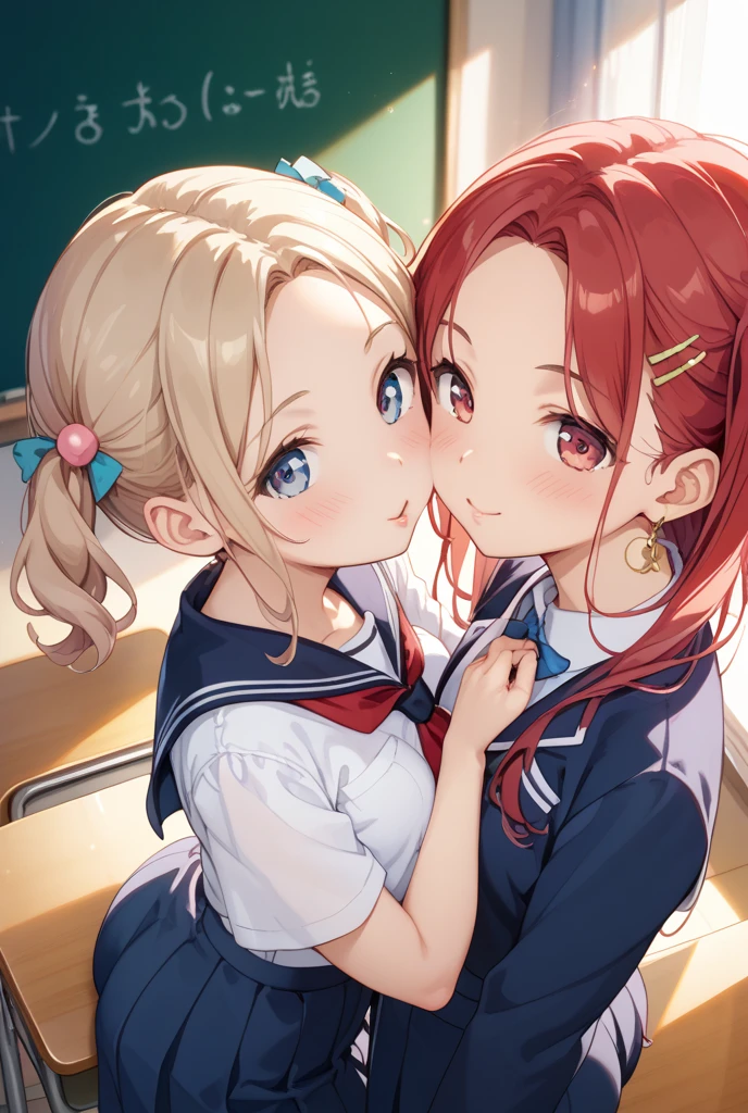 (masterpiece, best quality, ultra-detailed, high resolution, detailed eyes), takeda hiromitsu style, {{{2women}}}, school girl uniform, pet collar, french kissing, looking at viewer, hugging each other, (blushing:1.2), (tongue out:1.2), (drool:1.3), breath, in heat, orgasm