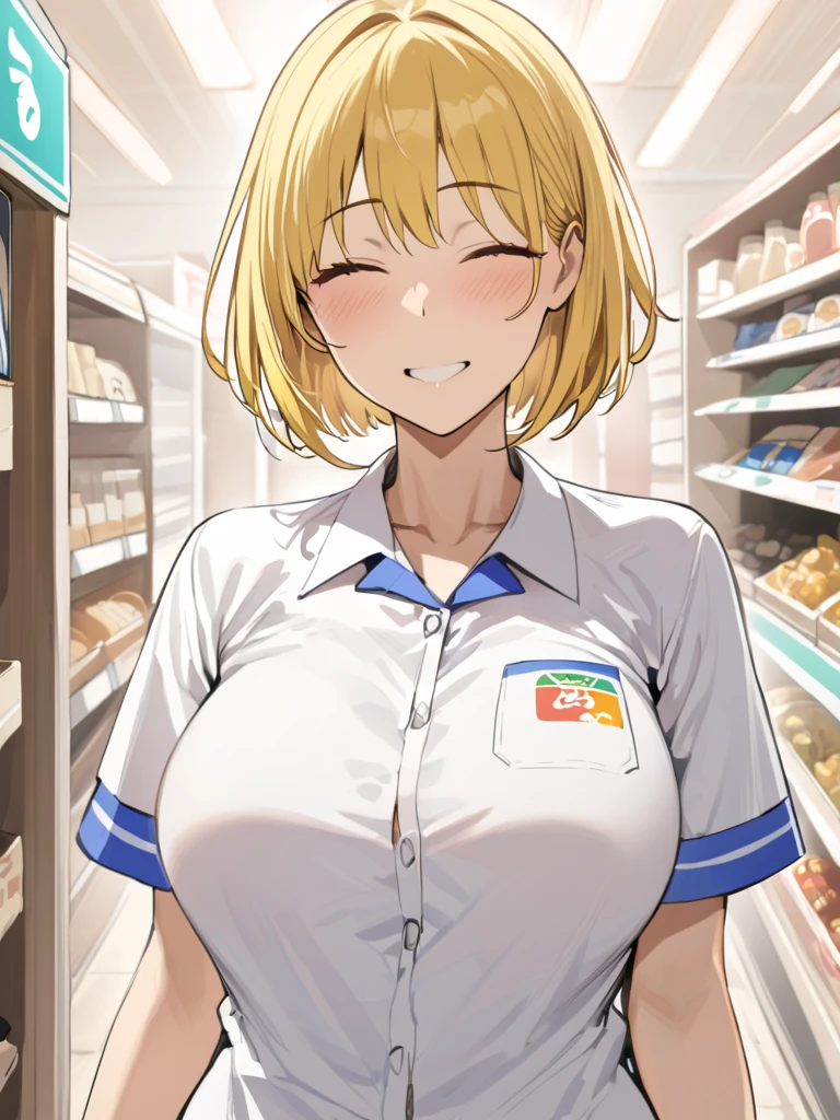 1 lady, 20 years old, blonde hair, long hair, wavy hair, light brown eyes, huge breasts, embarrassed, blush, sweat,
BREAK (masterpiece), (high resolution 8K), cinematic lighting, professional lighting, detailed eyes and face, detailed body,
BREAK (convenience store:1.3), convenience store employee uniform, (blue and white vertical-striped shirt:1.3), short sleeves, id card, (button gap:1.1)