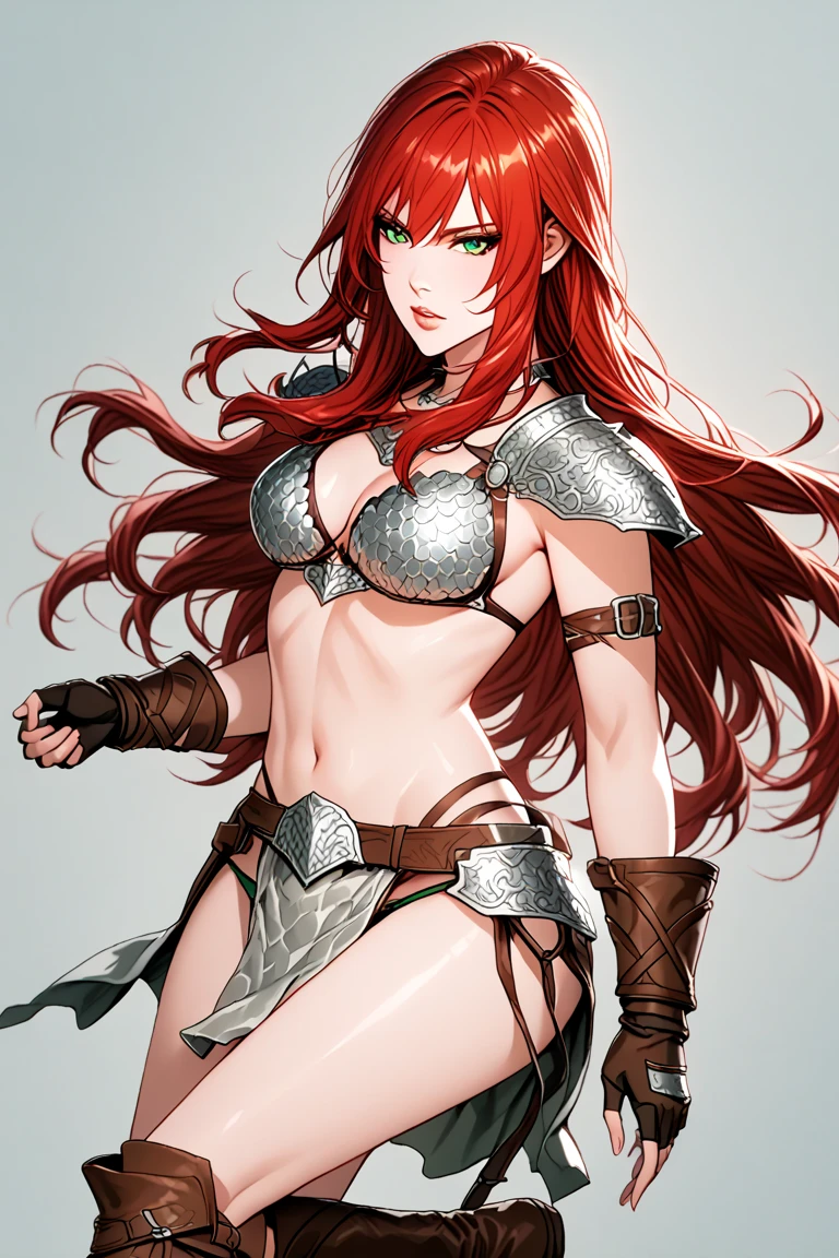 (masterpiece), best quality, expressive eyes, perfect face, busty, cleavage, large breasts, smile, simple red background, red sonja, rsonj, thigh strap, armor, chainmail, armored bikini, brown gloves, green eyes
