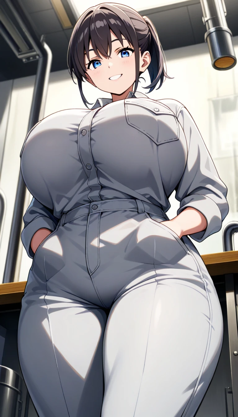Chun-Li, 1 girl, ((bimbo))), perfect face, perfect eyes, looking at viewer, short hair, brown hair, puffy lips, thick lips, wide hips, thick thighs, craving lust face, huge natural breasts, cleavage, mature mom, collared shirt, miniskirt, office lady, looking at viewer, brown eyes, indoors, office