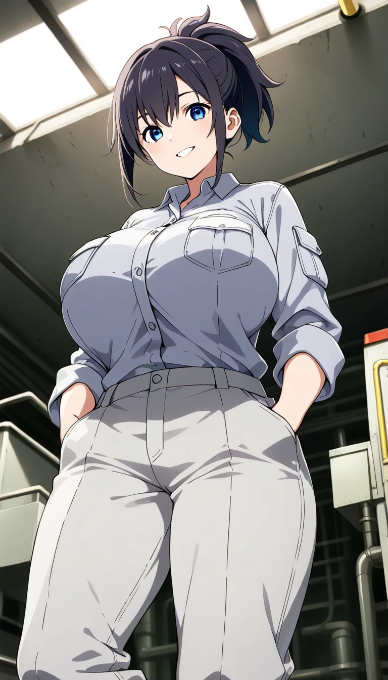 ((Table t○p, highest quality, Hi-Res Lucifer,Anime Screen Capture、Pixel perfect, 4K))、(((Browsing Caution)))、Perfect Anat○my、Chubby、Fat belly、(((Maintenance Staff、Huge breasts、Wide ass、Thick thighs)))、Sweat, (((Light blue bra、whiteshirt lift、Green Cargo Pants))),(Green Eyes)、((Short Hair、Long braided ponytail))、((Brown Hair)), ((((blush、Embarrassing、:d))))、(Dark hangar)、((Place your hands behind your head、Muscle Pose))、