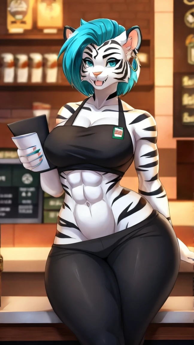 (anthro)) hyena, Ross Tran, by ruan jia, by zaush, by foxovh, by cutesexyrobutts, by cervina_7, by sligarthetiger Best Quality, masterpiece,, Illustration, Wallpaper,1girl in, Solo, black hair, purple striped hair, puffy luscious hair, Beautiful detailed girl, extremely detailed eye and face, Beautiful detailed eyes, natural_Lighting, Glow,NSFW, Looking at Viewer, Thick_thighs, big ass, tall, hourglass figure, female, cute, Starbuck, casher, barista, Starbucks apron, large breasts, natural breasts, tail, tall, happy expresion, wide hips thin waist, 8k
