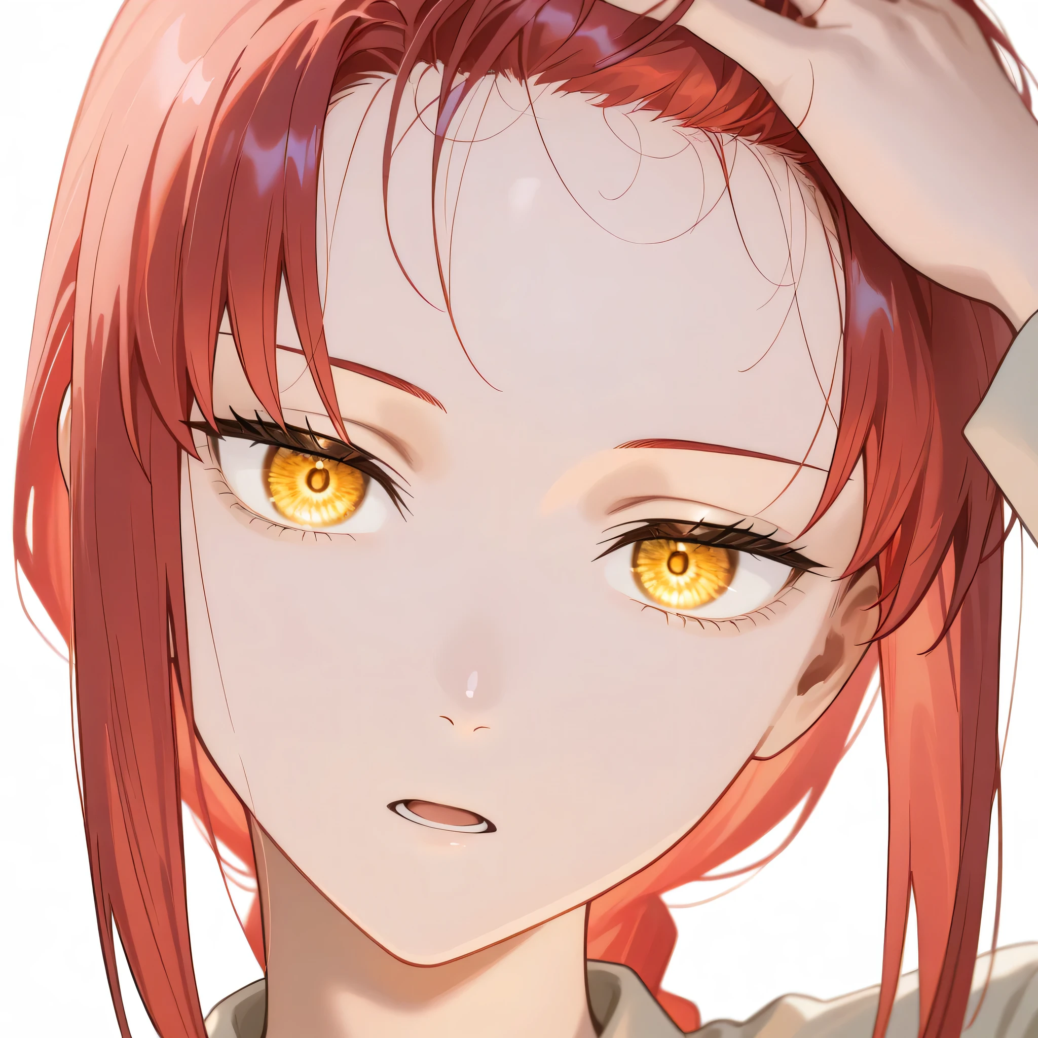 makima, close up, looking at viewer, attractive, beautiful, head tilt, serious expression, open mouth, hand on hair, showing forehead, forehead